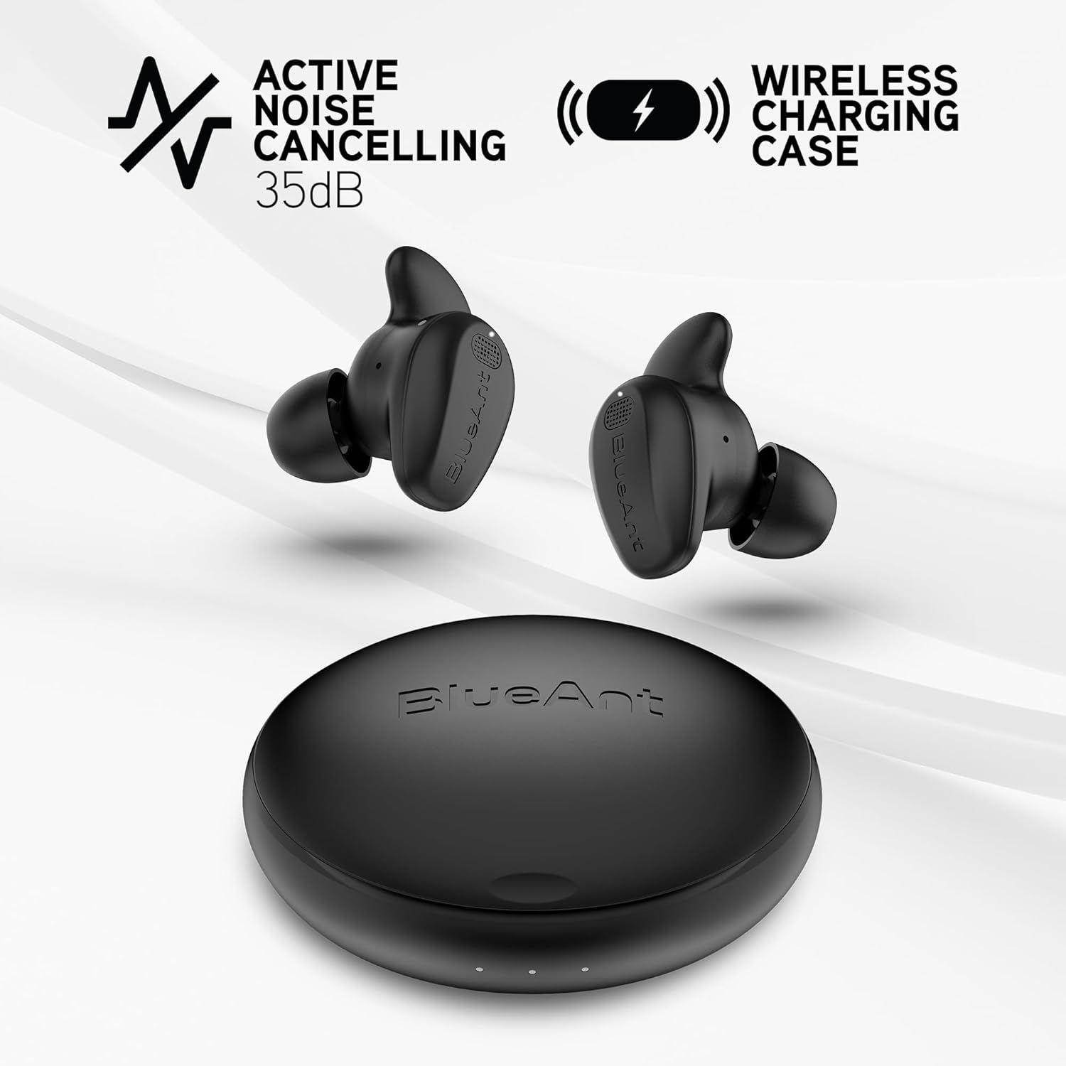 Blueant Pump Air Epic True Wireless Earbuds, Active Noise Cancelling with Transparency, 40Hr Battery with Charging Case, IP54 Sweatproof, 6 Mic Clear Calls, Rapid Charging, Black image number 1