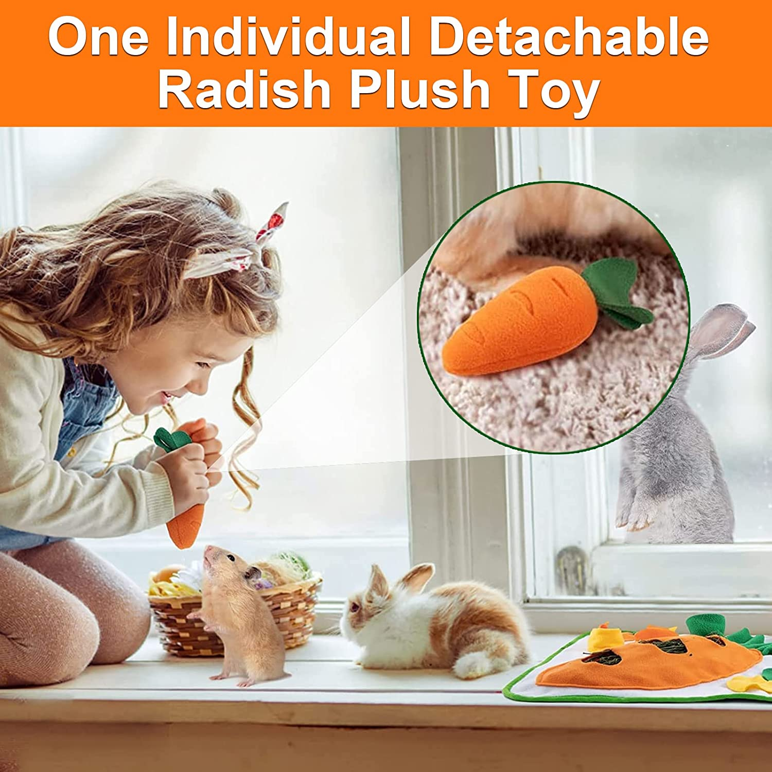 Adpartner 24" X 20" Rabbit Foraging Mat with Carrot Toy, Interactive Snuffle Feeding Pad for Boredom, Polar Fleece Pet Feed Game for Rabbits Bunny Guinea Pigs Chinchillas Ferrets image number 4