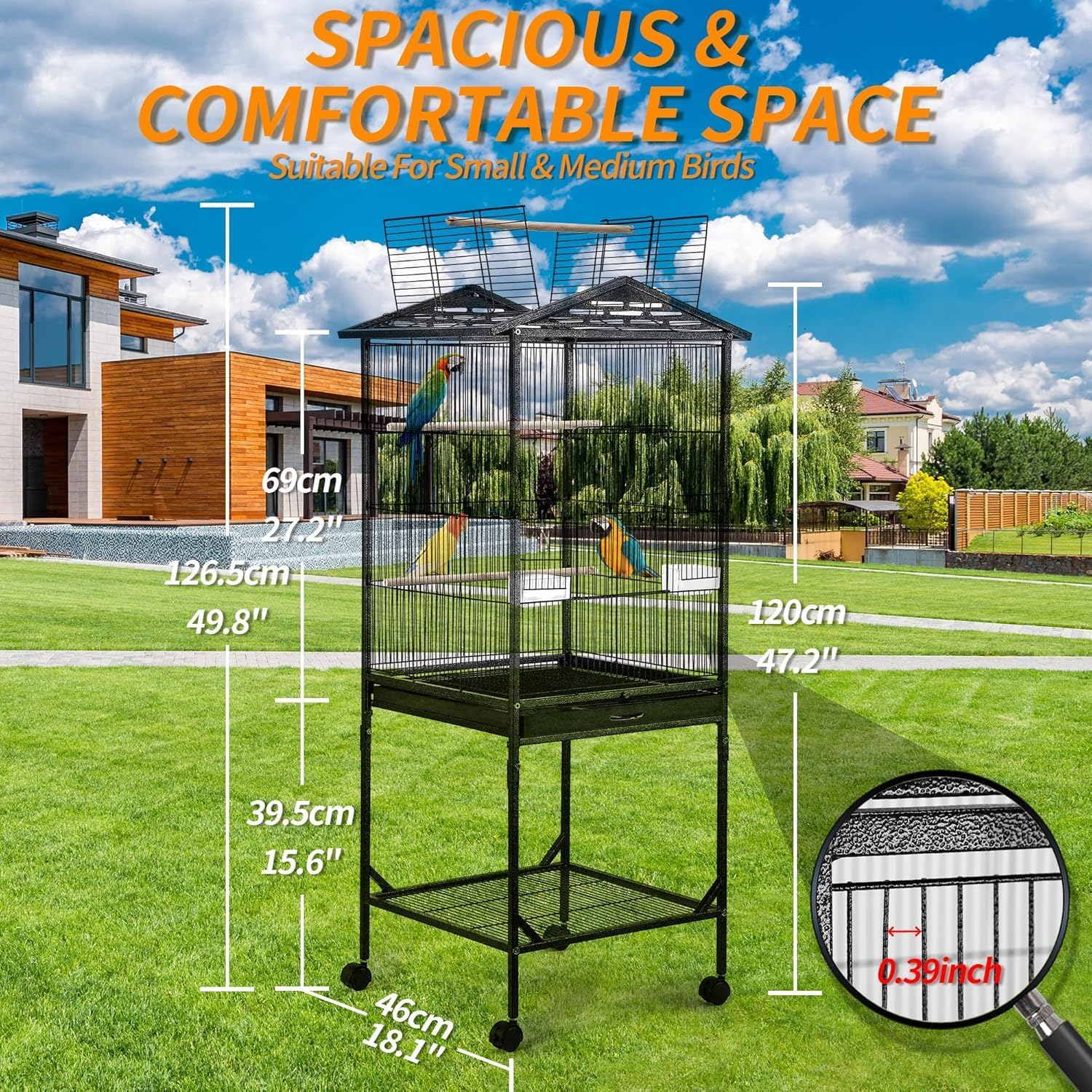 WAMBORY Wrought Iron Bird Cage with Open Top and Rolling Stand, Medium Small Standing Parrot Cage Withswing Wheels, Birdcage with Removable Tray & Feeding Bowls for Parrots Conure Cockatiel Lovebird image number 3