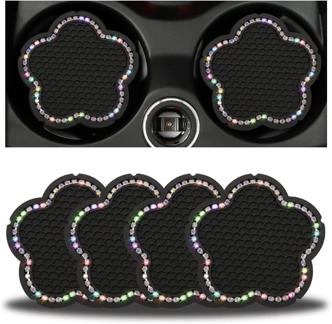 BELOMI 4PCS Bling Car Cup Holder Coaster, 2.75 Inch Crystal Anti-Slip Vehicle Cup Holder Insert Coaster, Rhinestone Cute Plum Blossom Pattern Auto Drink Mat, Universal for Women Girls(Pink)