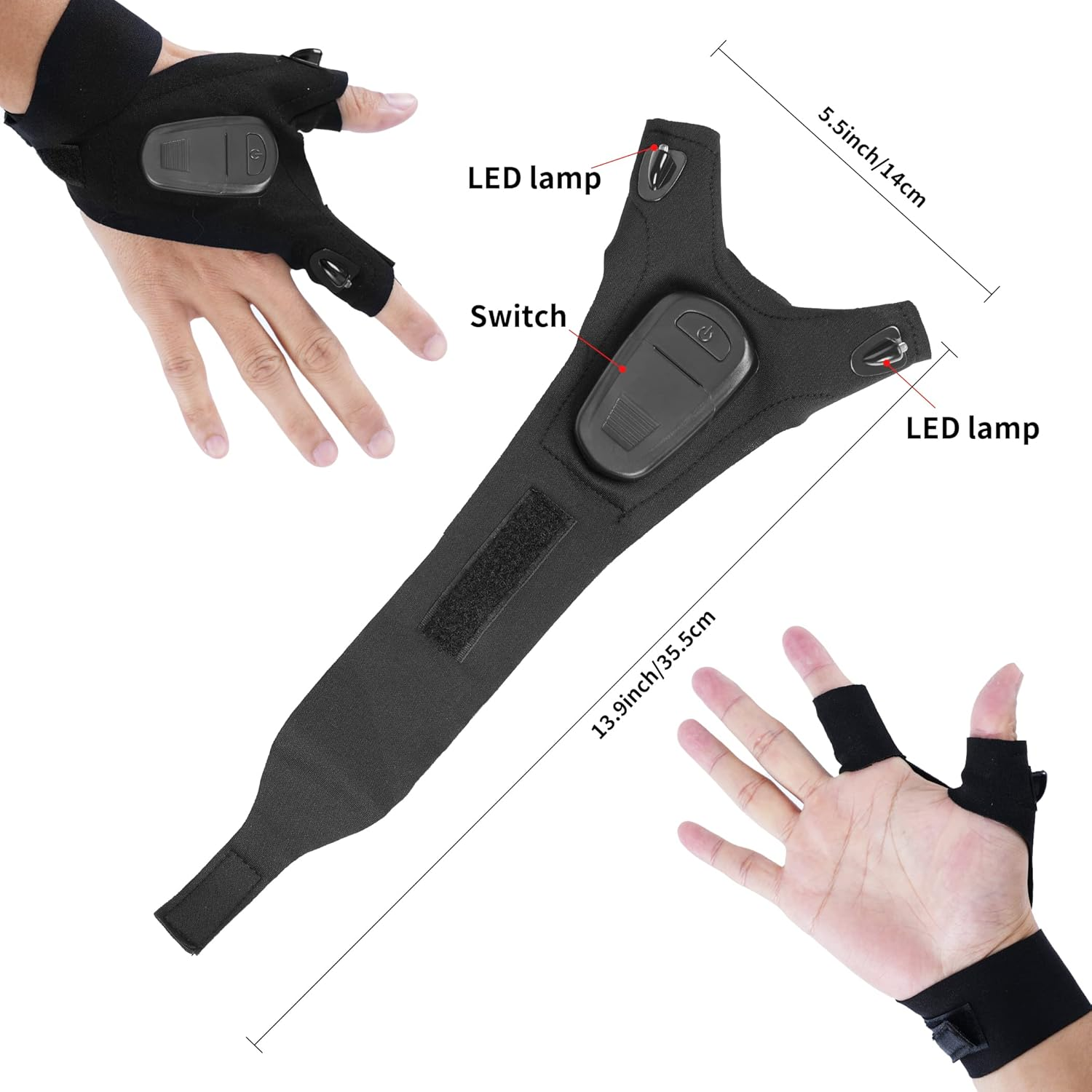 LED Flashlight Glove Tools Unique Gifts for Men Dad Adults,Cool Gadgets Hands-Free Lights Fingerless Work Gloves with Stretchy Strap for Home Fishing Camping Hunting(1 Pair,Batteries Included) image number 3