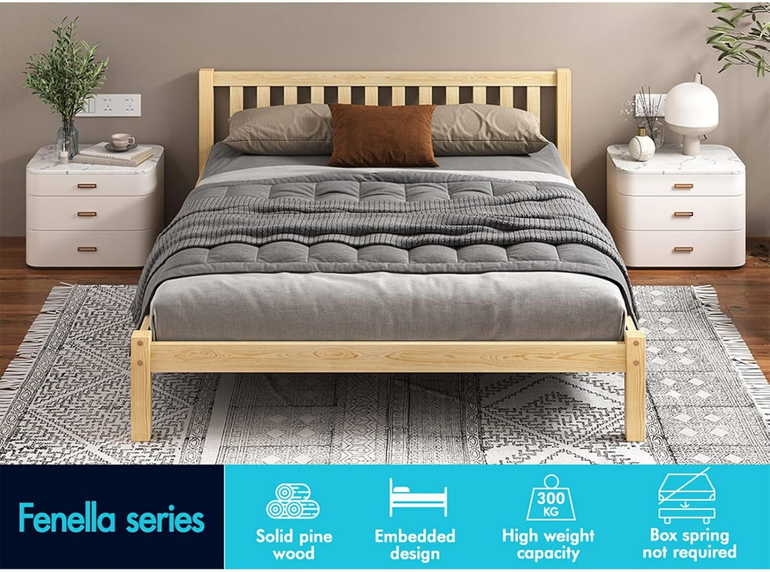 ALFORDSON Queen Bed Frame Wooden Bed Base with Solid Wood Pine Timber Slats, Mattress Base Platform with Storage Space, Oak Bed Foundation with High Headboard, Fenella Series Bedroom Furniture image number 7