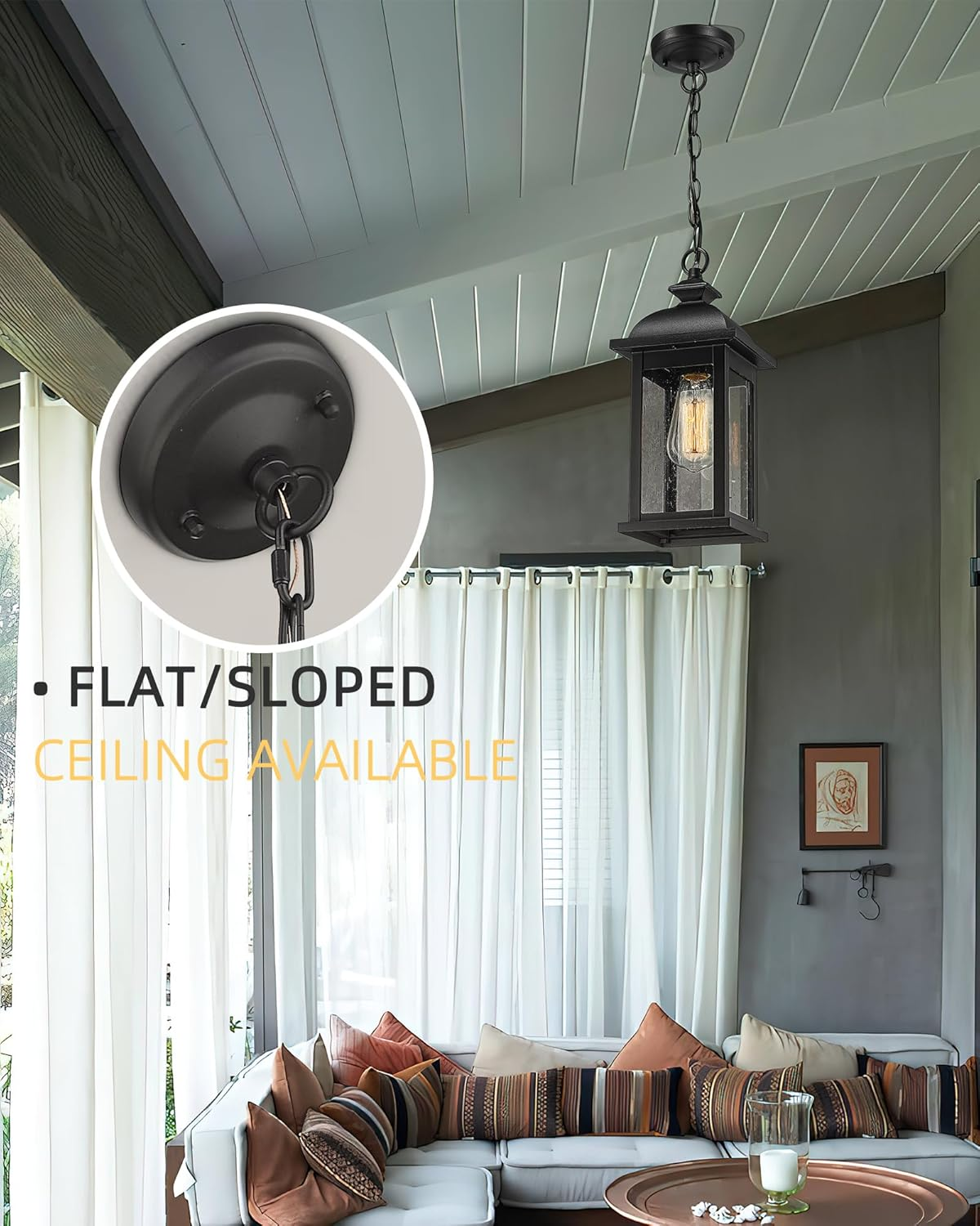 EMLIVIAR Outdoor Pendant Lights for Porch, Exterior Hanging Latern Outdoor Hanging Light Fixture, Black Finish with Seeded Glass, AUD03H BK image number 1