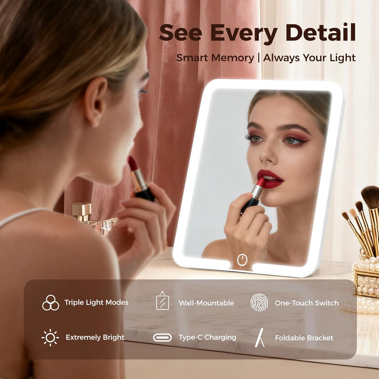 LED Makeup Mirror, Caffobiz Portable Mirror with 3 Adjustable 3 Light Modes, Usb-Rechargeable (Type-C Included), 20Cm*23Cm, Touch Control, 2000Mah Battery for Travel, Home, Dorm image number 3