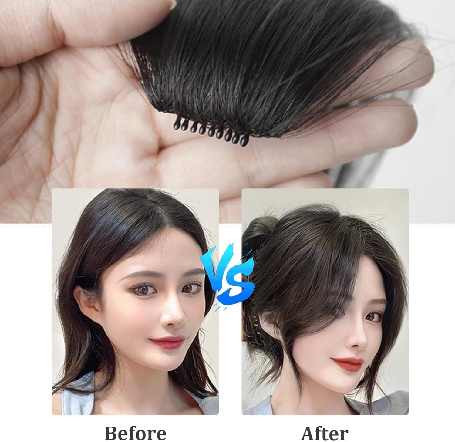 FRAKMU 2Pcs Wavy Side Bangs Clip-In Human Hair Extensions, 9.8 Inch Long, Natural Black image number 3