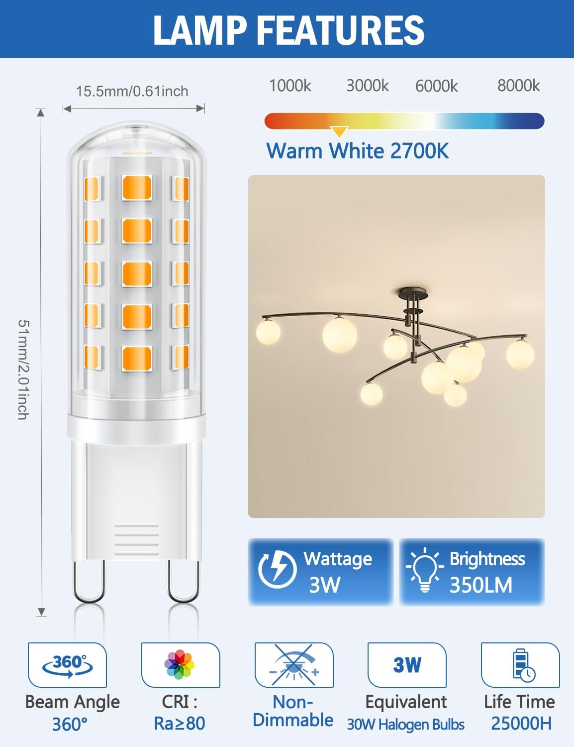 G9 Led Bulb Warm White, 3W, 350LM, 2700K, Equivalent to 30-40W Halogen, No Flicker, Non-Dimmable, 360&deg;Beam Angle, AC 220-240V, Bi-Pin Ceramic Base G9 Led Light Bulbs for Home Lighting-6Pcs - Warm White image number 4