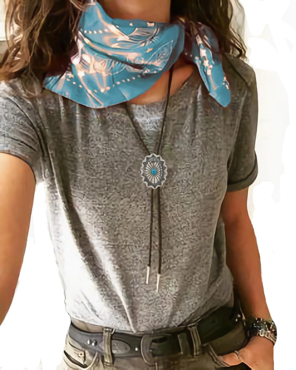 Vintage Turquoise Bolo Tie for Men - Western Cowboy Colored Oval Bola Necktie Retro Leather Necklace for Men Women - Lace Oval image number 6