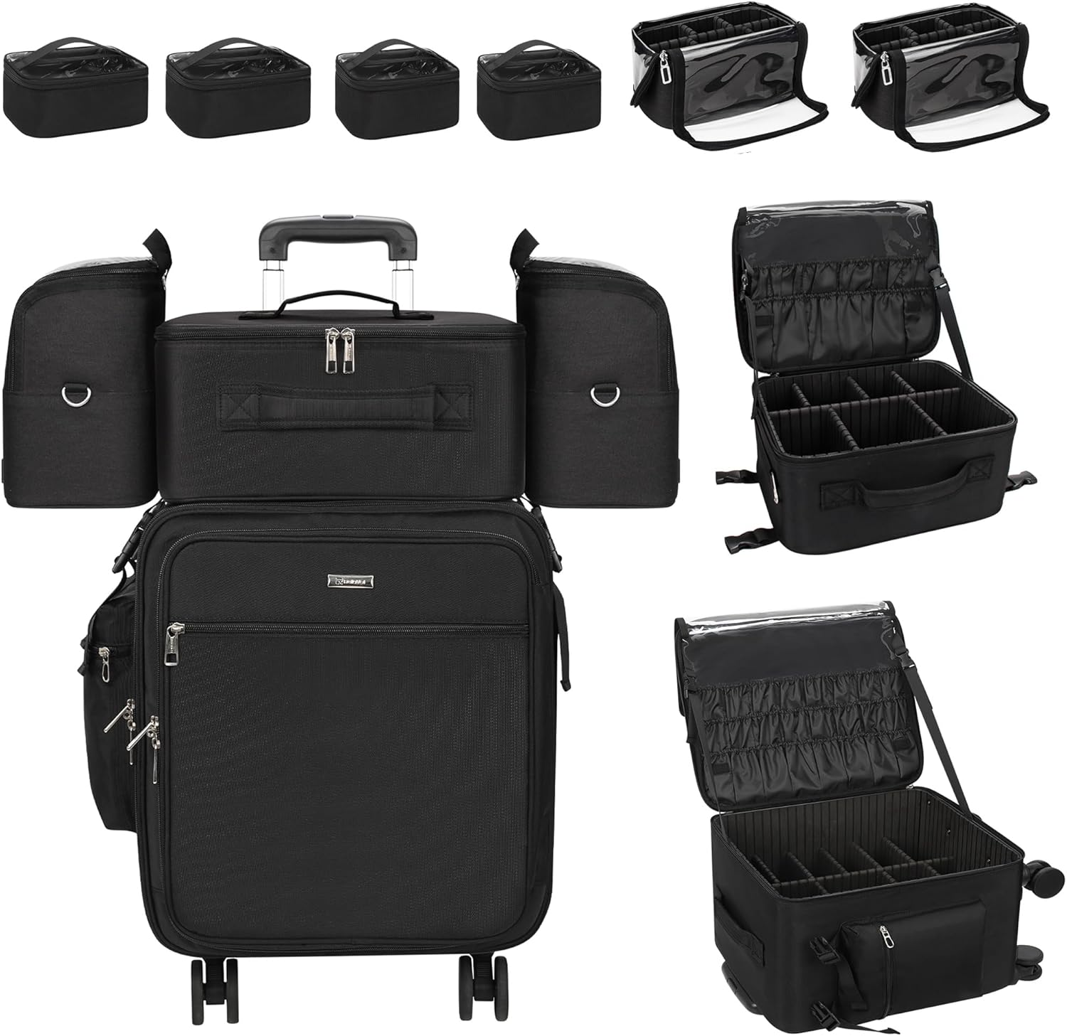 Rolling Makeup Case Professional Makeup Train Case Makeup Artist Travel Organizer 4 in 1 with Detachable Cosmetic Case and Dual Makeup Brush Case and Wheels (Black, 4-Pack) image number 2