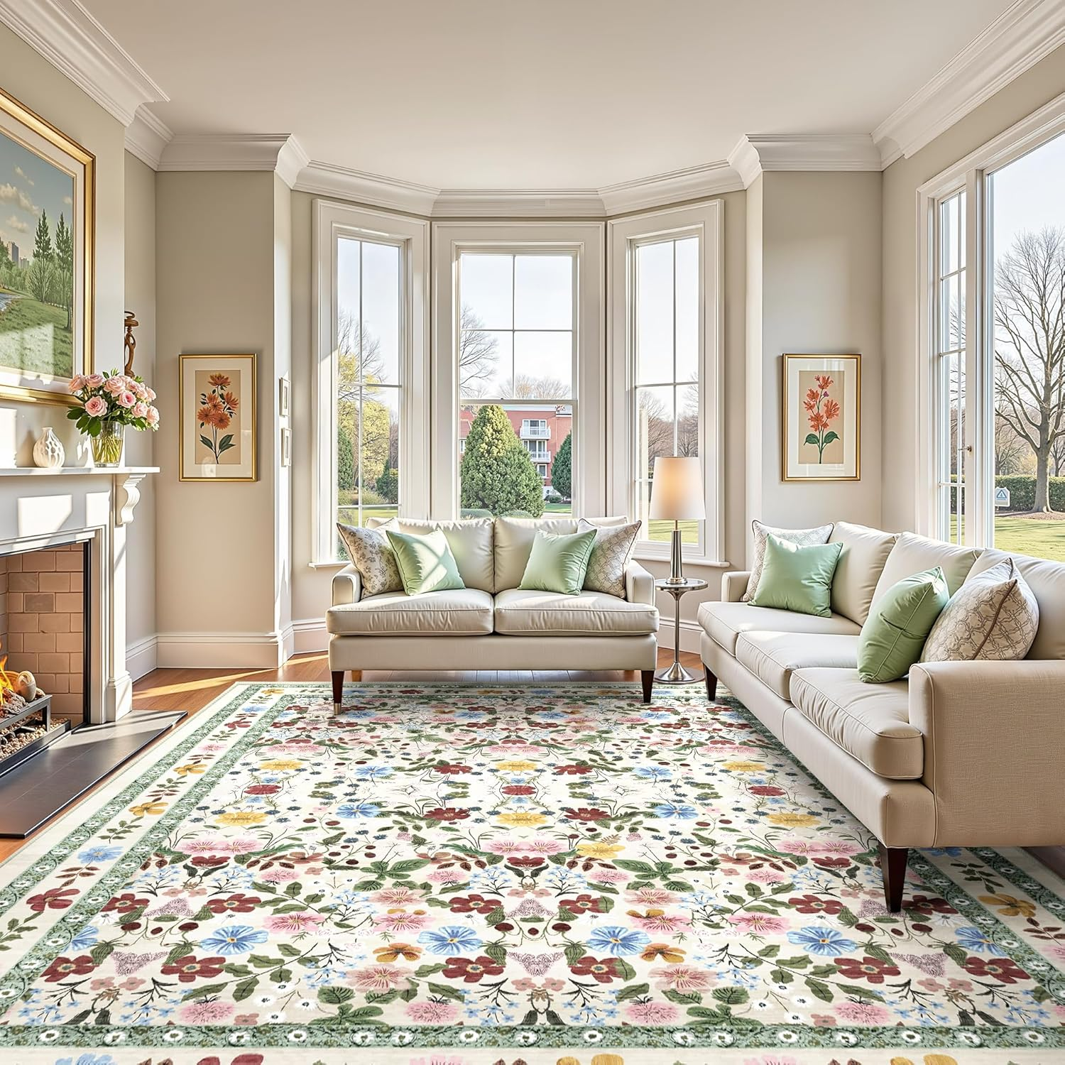 Deerly Green Rugs for Livingroom, Floral Boho Area Rug for Bedroom Child Nurseryroom Diningroom, Vintage Non-Slip Floor Rug Washable Bedunder Carpet Kitchen Office. (Beigegreen, 160X230Cm)