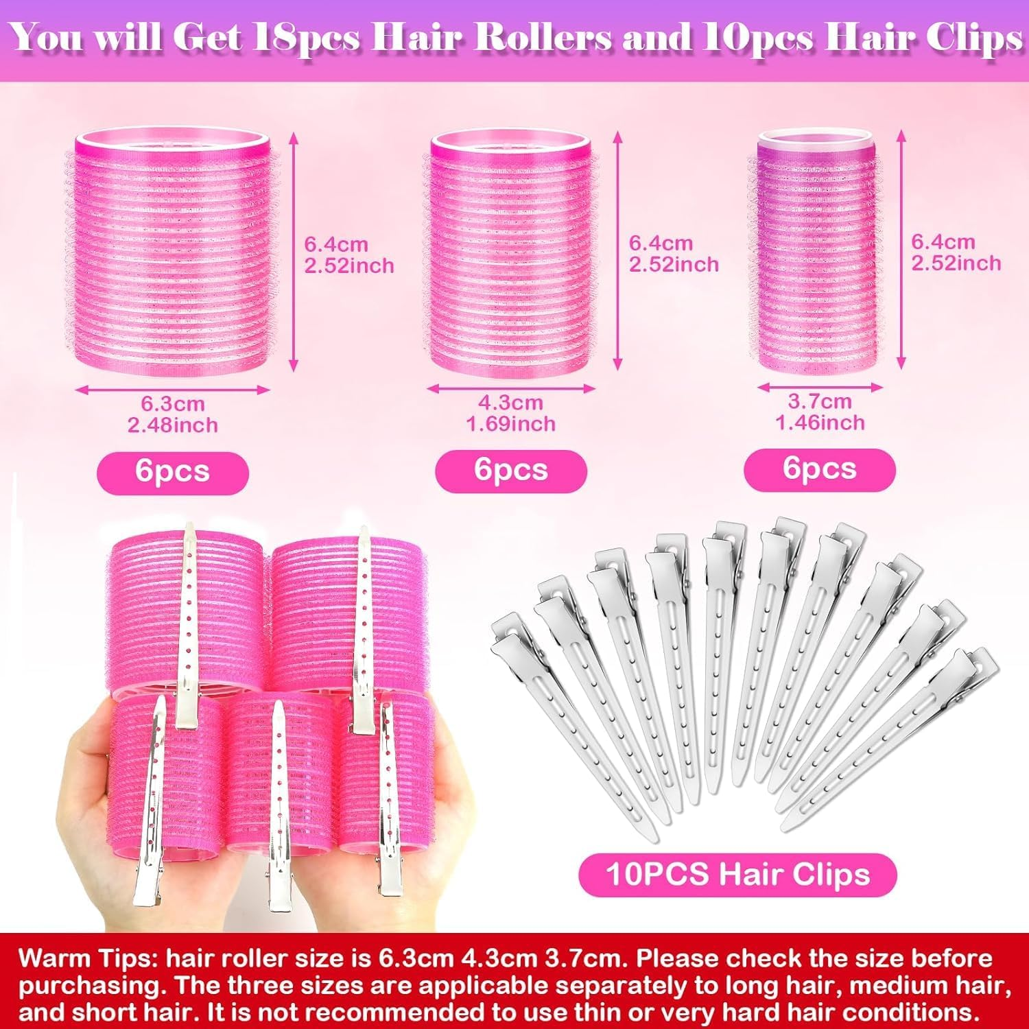 Hiving Hair Curlers Rollers with Clips, 28 Pcs Self Grip Rollers Set for Volume and Curls - 6.3Cm, 4.3Cm, 3.7Cm for Long, Medium, Short, Thick Hair, Bangs, and Salon Hair Styling image number 3