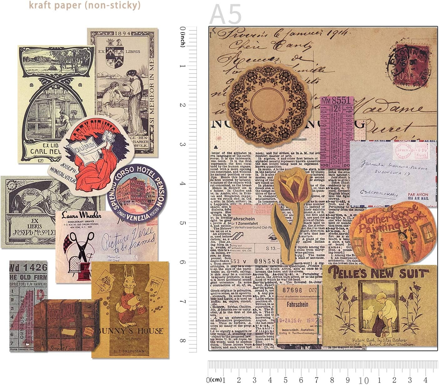 4 Packs Vintage Pattern Paper Set Scrapbook Paper Decorative Paper Kraft Paper with Print Single-Sided in Various Sizes and Shapes for Card Making Paper Craft Die Cutting Collage (Artistic) - Artistic image number 4