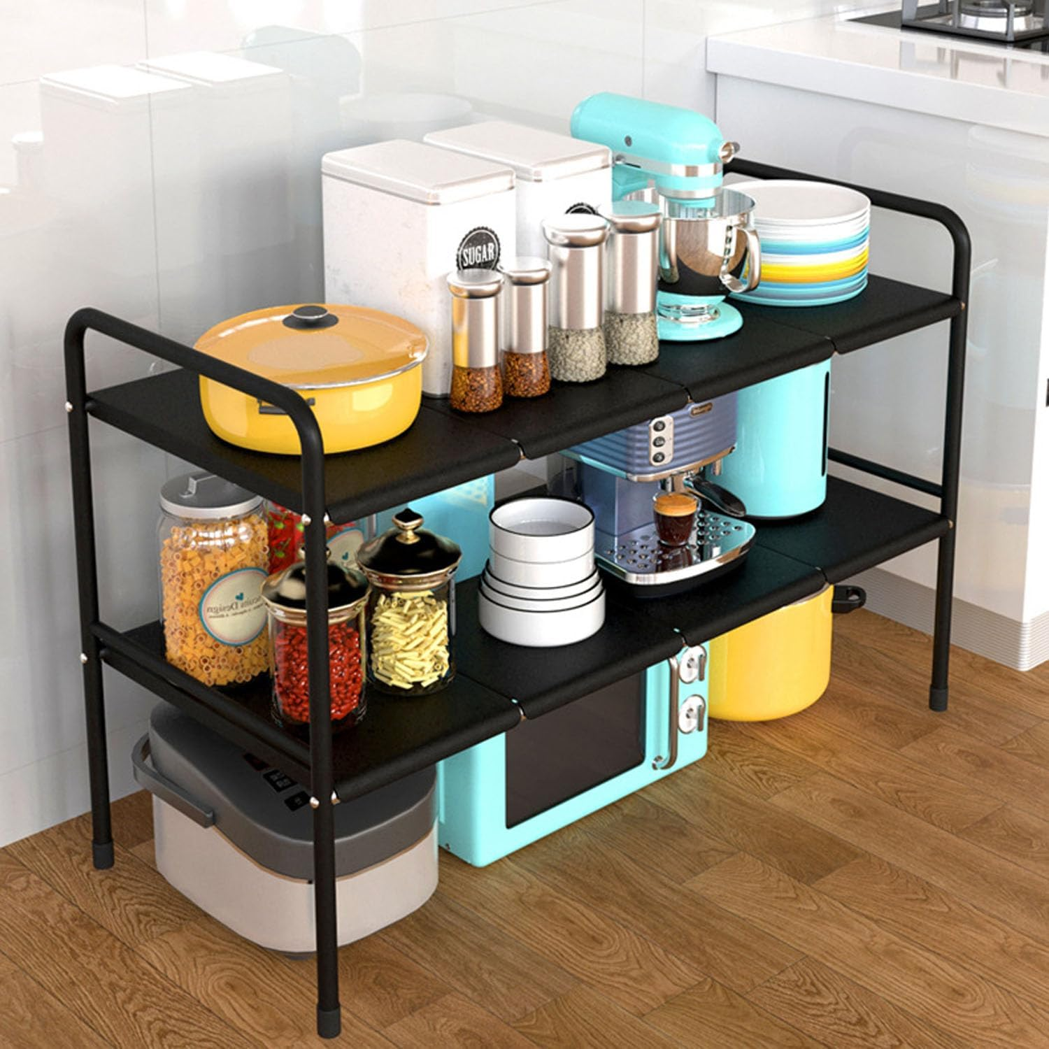 LYSAIMG 2-Tier Expandable Storage Shelf, Adjustable Metal Tiered Shelf with 8 Removable Panels, under Sink Organizer, Shoe Organizer Rack, Kitchen Cabinet, Hallway Entryway image number 1