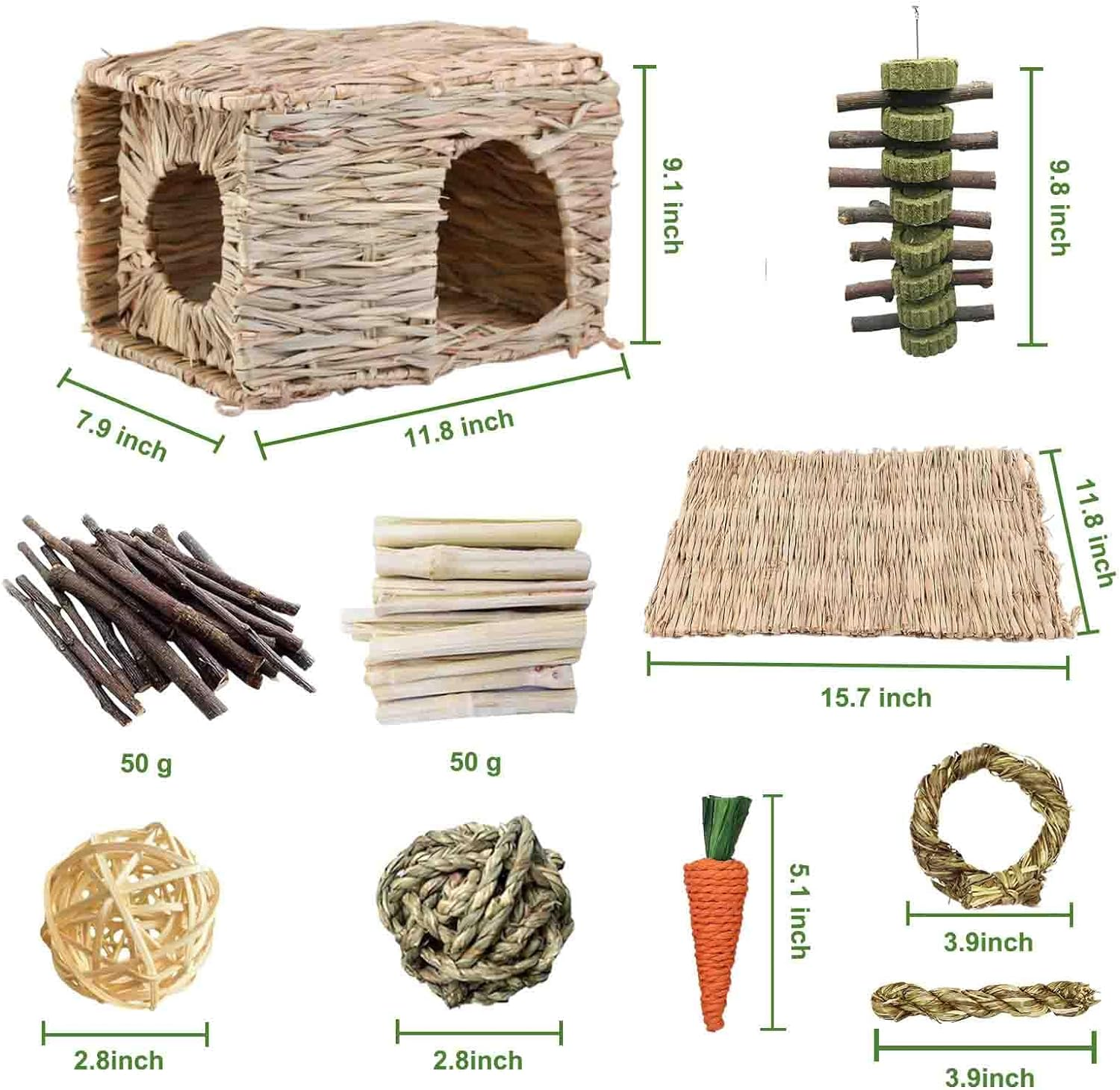 Rabbit Grass House,Natural and Comfortable Hiding Place,Rabbit Bed with Straw Mat,Carrot Chewing Toy,Apple Bark,Grass House for Rabbits,Guinea Pigs,Squirrels,Edible Rabbit Hideaway with Chewing Toys