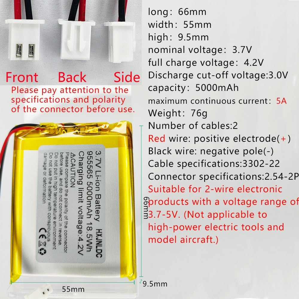 DC 3.7V 5000Mah 955565 Rechargeable Lithium Polymer Battery, Suitable for DIY 3.7-5V Electronic Products with Built-In 2-Wire Battery Replacement and LED Lights