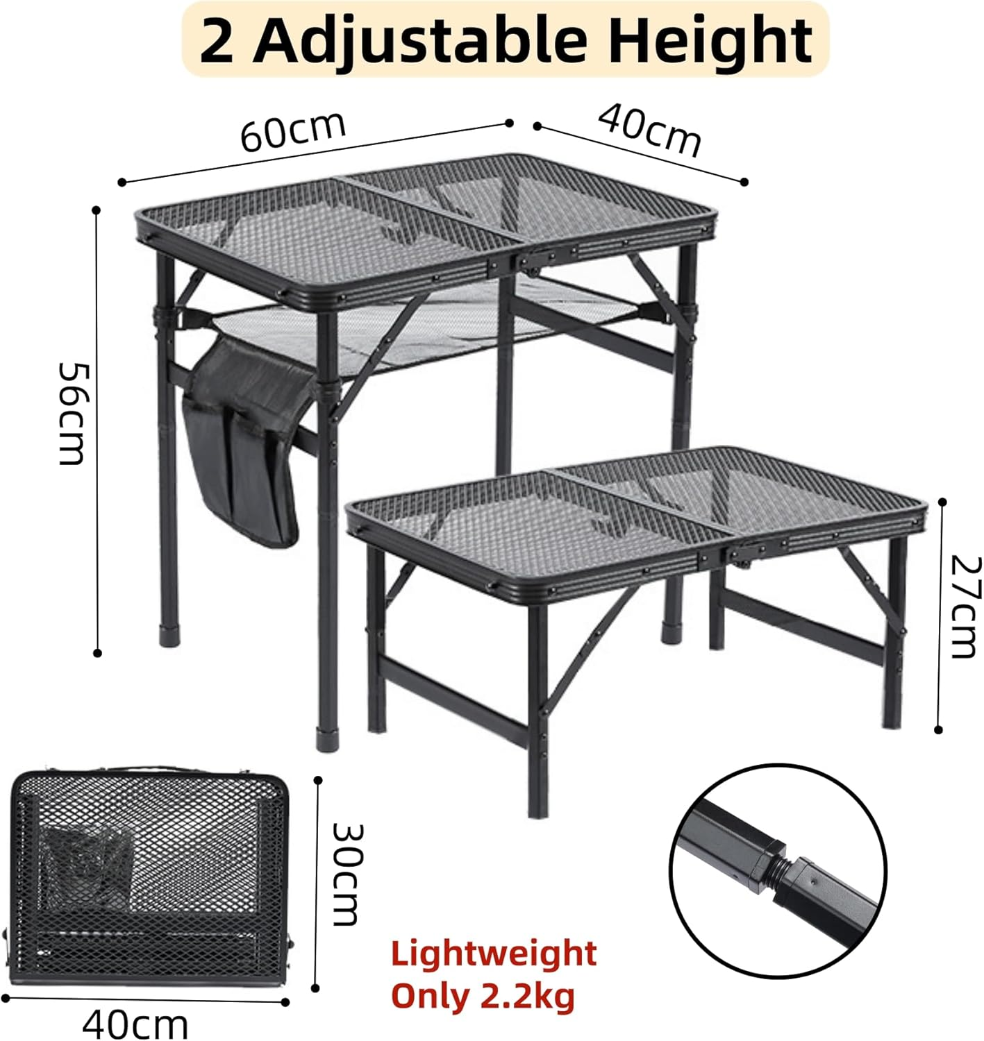 FORYUSE Folding Camping Table 60X40Cm Portable Lightweight Height Adjustable Metal Mesh Desktop Bag Side-Pocket Carry Handle for Outdoor Picnic Grill BBQ Beach image number 1