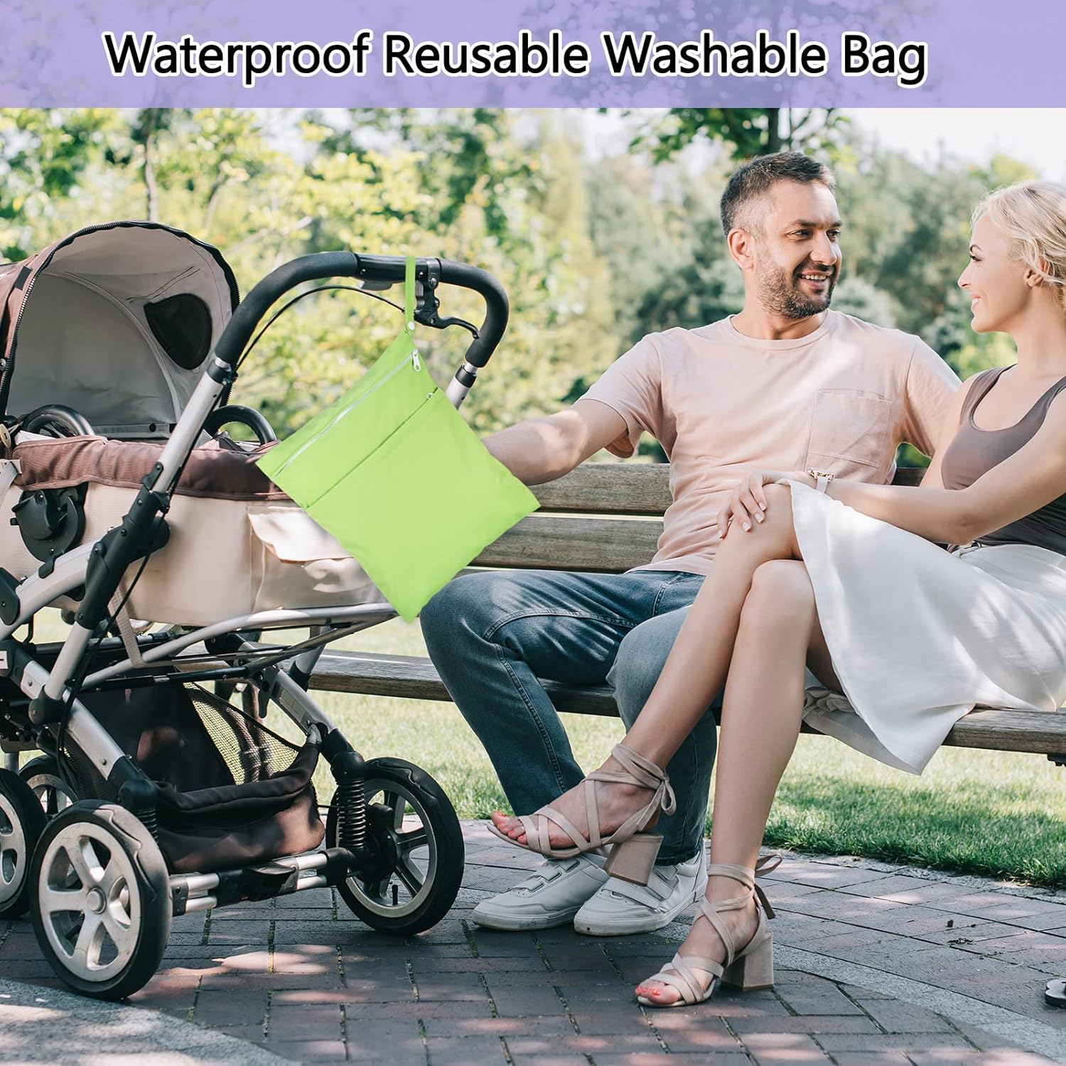 2 Packs Wet Bag, Waterproof Wet Dry Bags Reusable Washable Cloth Diaper Bags Nappy Bags with Double Zipper Pockets for Baby Items Wet Clothes Swimming Gym Pool Beach Bag, Purple+Green, - Blue+Green image number 6