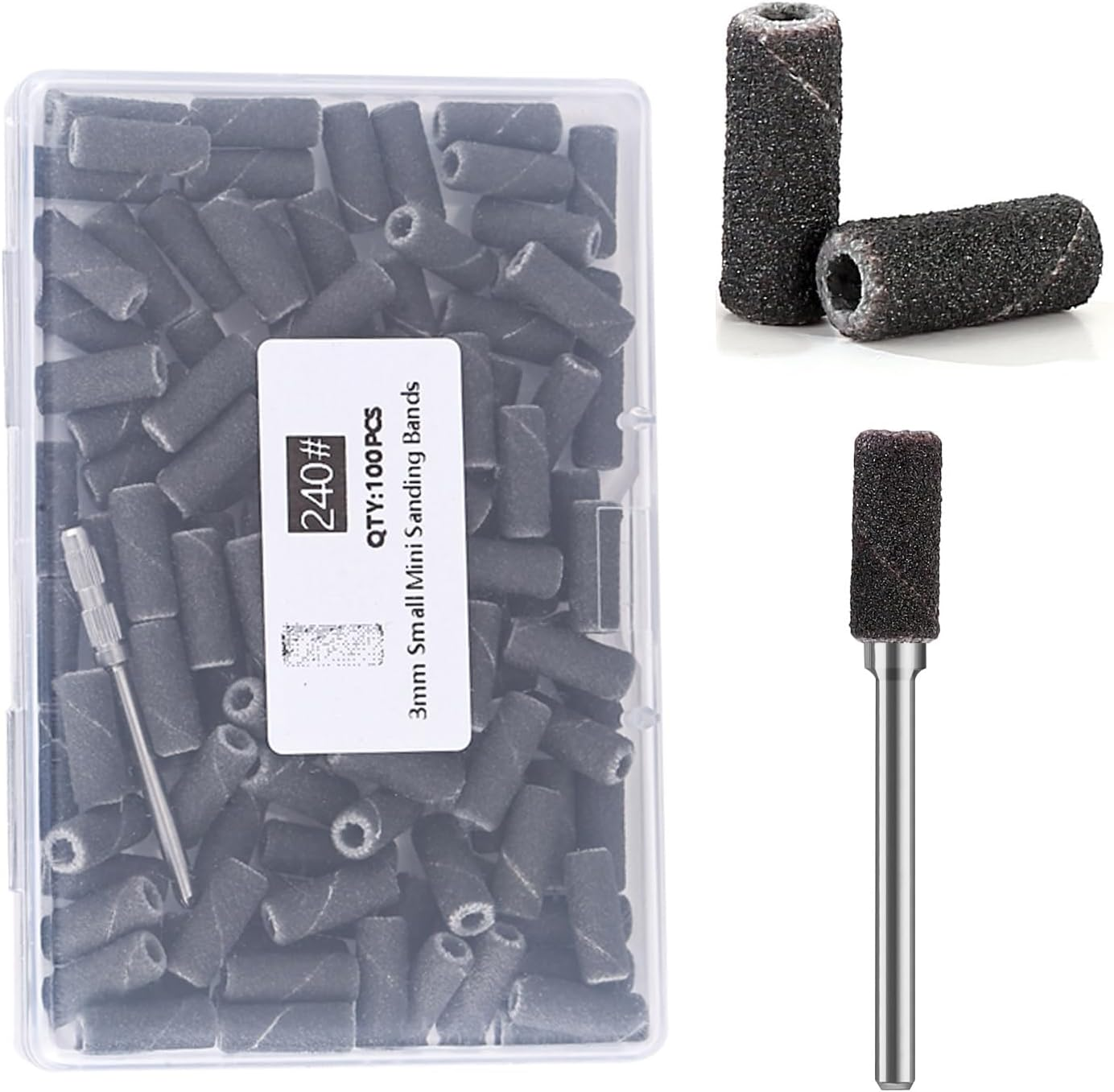 ERUIKA 100Pcs Nail Drill Bits Small Sanding Bands with Upgrade 3.1Mm Mandrel Bit, 240 Extra Fine Grit Nail File Sanding Bands for Acrylic Nails Gel Removing Shaping Manicures and Pedicure(Zebra,240)