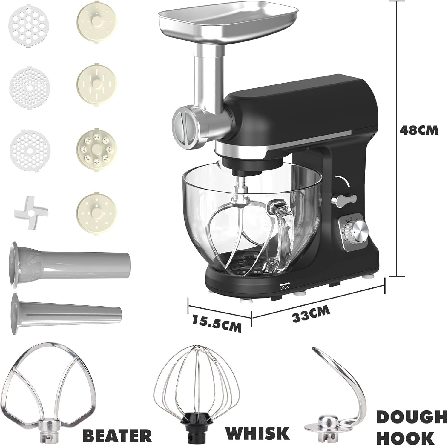 YOPOWER Stand Mixer, 6-Speed Multi-Function Food Processor & Kitchen Machine with Dough Hook, Whisk, Beater, Pasta Maker, Meat Grinder & Sausage Stuffer, Electric Food Mixer for Baking & Cooking image number 2