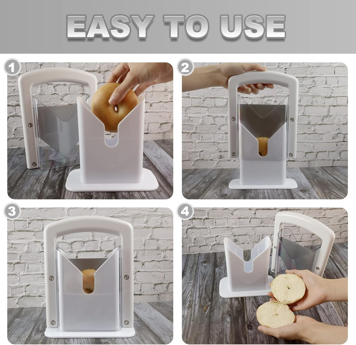 Bagel Slicer,Perfect for Bagels, Safe Grip, Guillotine Cutter, Safety Shield, Stainless Steel (White) image number 1