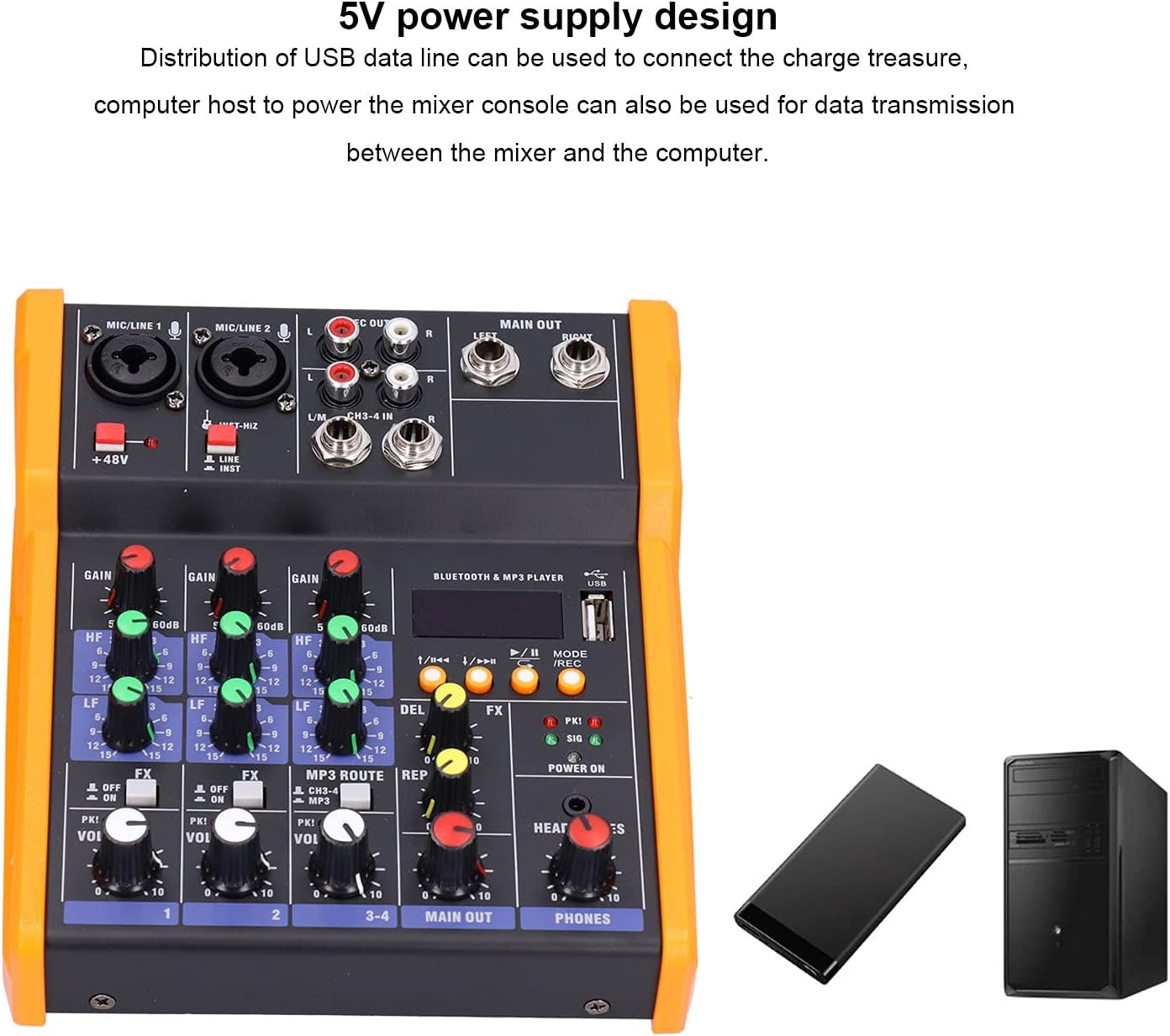 Audio Mixer, Professional Sound Board Console System Interface 4 Channel Support Mp3 /Wav/Lossless Ape/Flac Built in Digital Effect Processor, Compact Studio Mixer for Studio Recording DJ Console