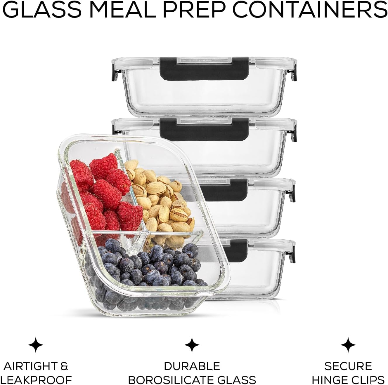 5-Pack 36OZ Glass Airtight Food Storage Containers 3 Compartments,Glass Meal Prep Container Set with Lids for Pantry Kitchen Organizers and Storage, BPA Free Glass Lunch Boxes Bento image number 6