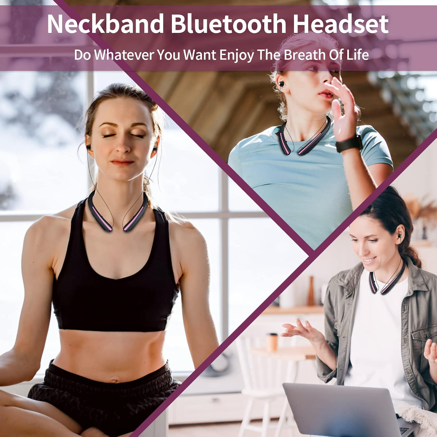 APPINESSEY Bluetooth Headphones Retractable Neckband, Bluetooth Headset with Microphone Vibration Call, Stereo Noise Cancelling Earphones for Workout Sports Driving (Black Pink) - Black Blue image number 2