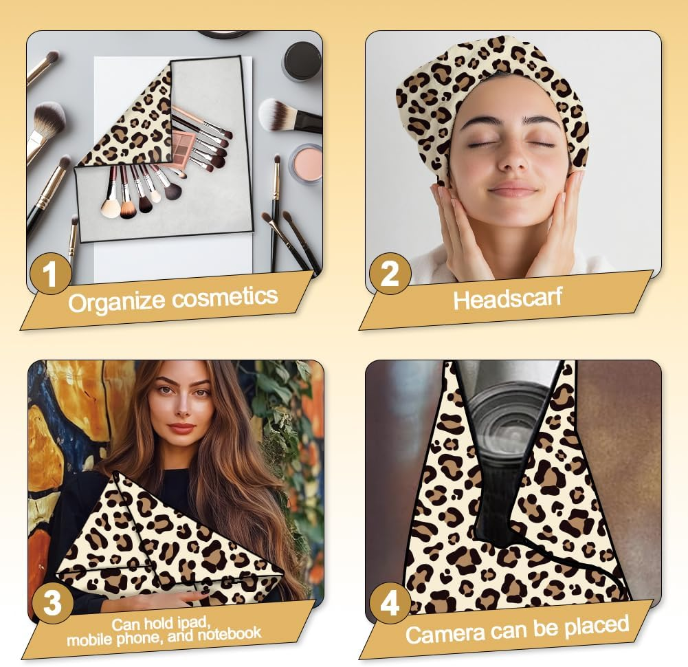 Doodlream 2 Sheets Self-Adhesive Magic Cloth Leopard Travel Makeup Bag Organizer & Scratch-Resistant Camera Lens Protective Wrap, Reusable Portable Cosmetic Pouch (50X50Cm/35X35Cm), Leopard image number 6