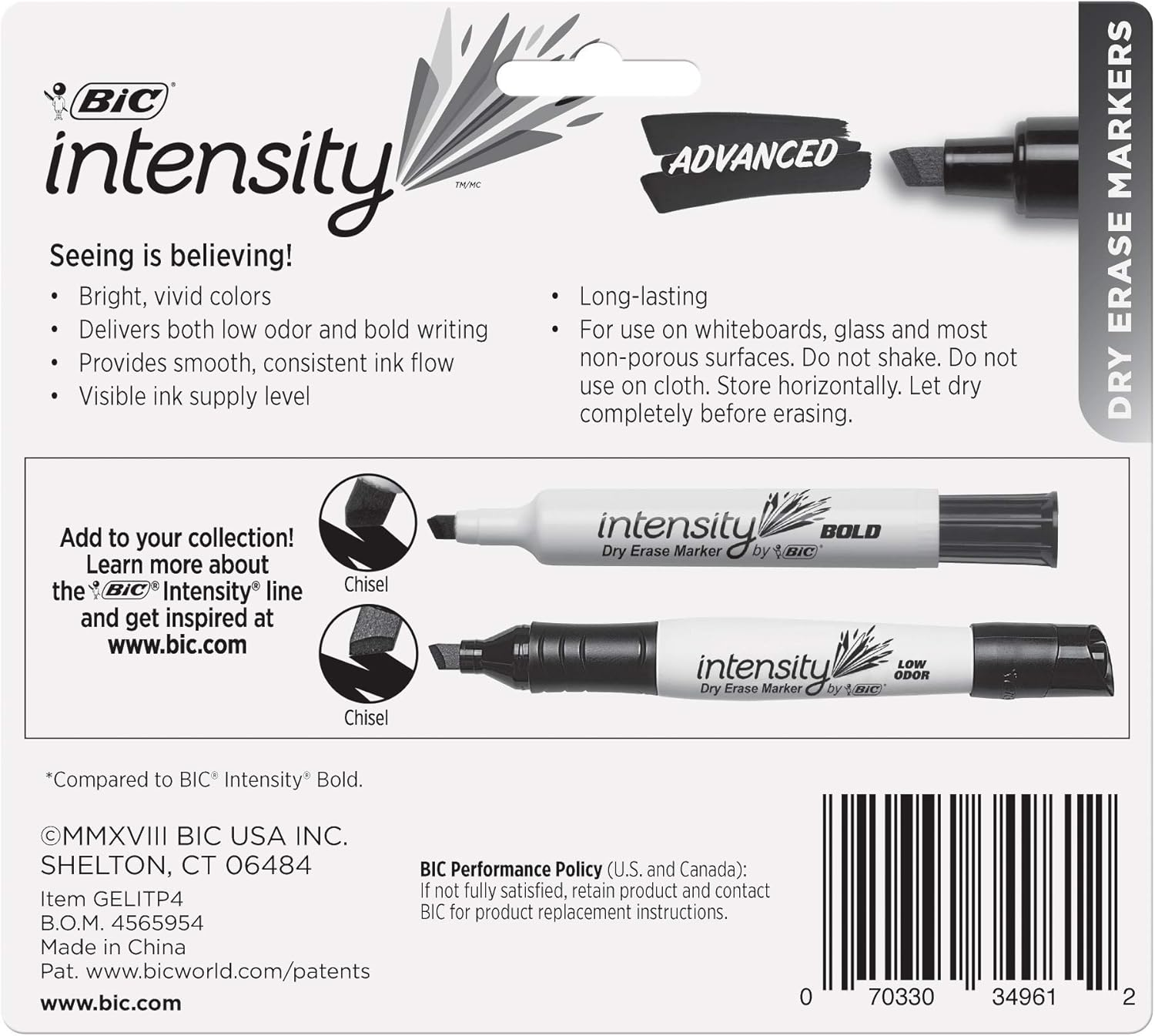 BIC Intensity Advanced Whiteboard Markers, Dry Erase Chisel Tip, Bulk Pack of 4, Low Odour, Non Toxic, Soft Grip, Black image number 5