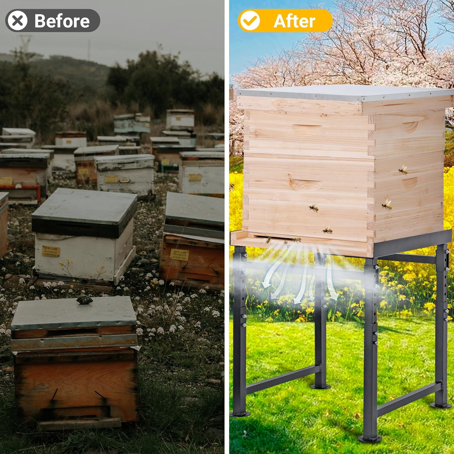 Adjustable Metal Hive Stand, Sturdy Beehive Stand Adjustable Height 15&rdquo; - 19&rdquo; & Adjustable Width 14.5&rdquo; - 24.5&rdquo;, Easy to Assemble Bee Stand for Beekeeping image number 1