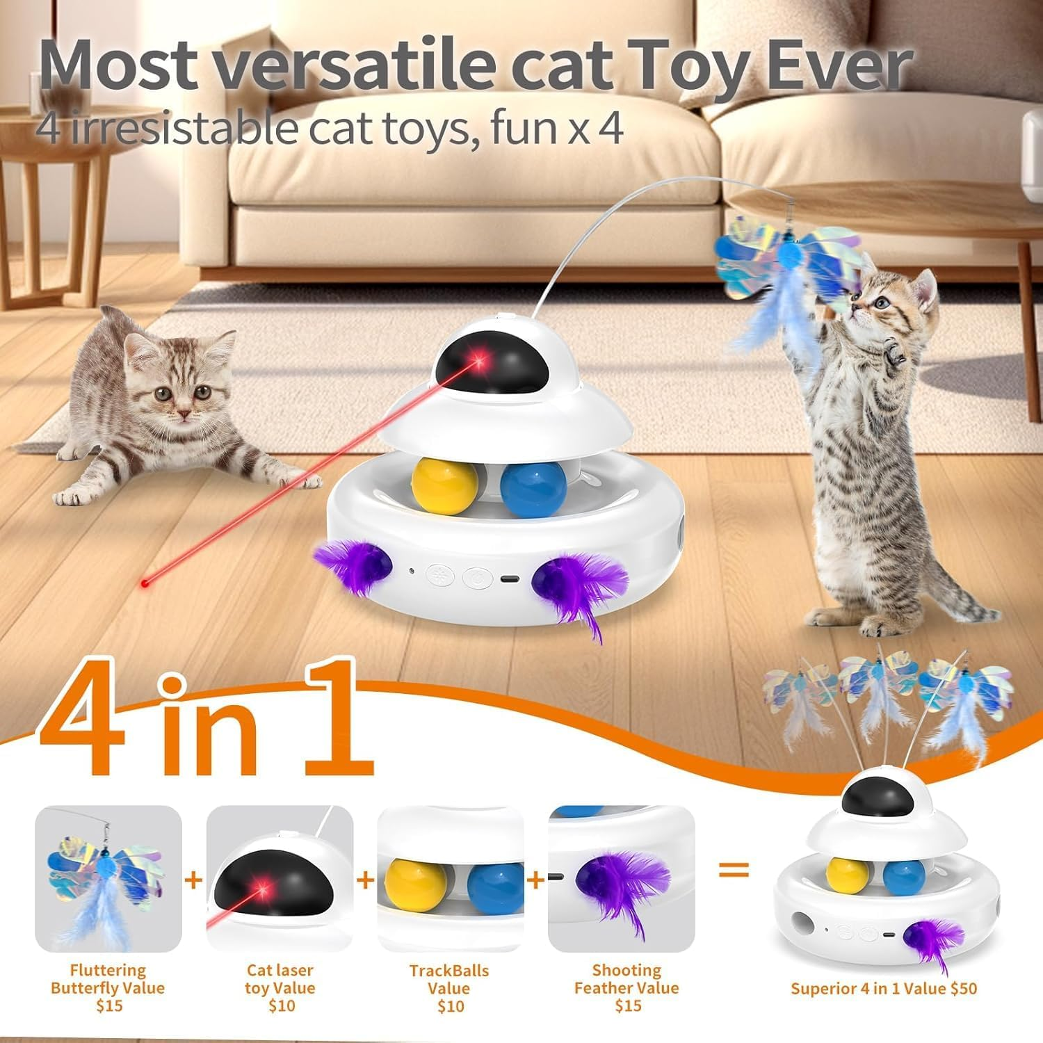 Cat Toy,Interactive 4-In-1 Automatic Cat Toys for Indoor Cats,Electronic Whack a Mole, Fluttering Butterfly,Track Balls Kitten Toy,Feather Toys for All Breeds image number 4
