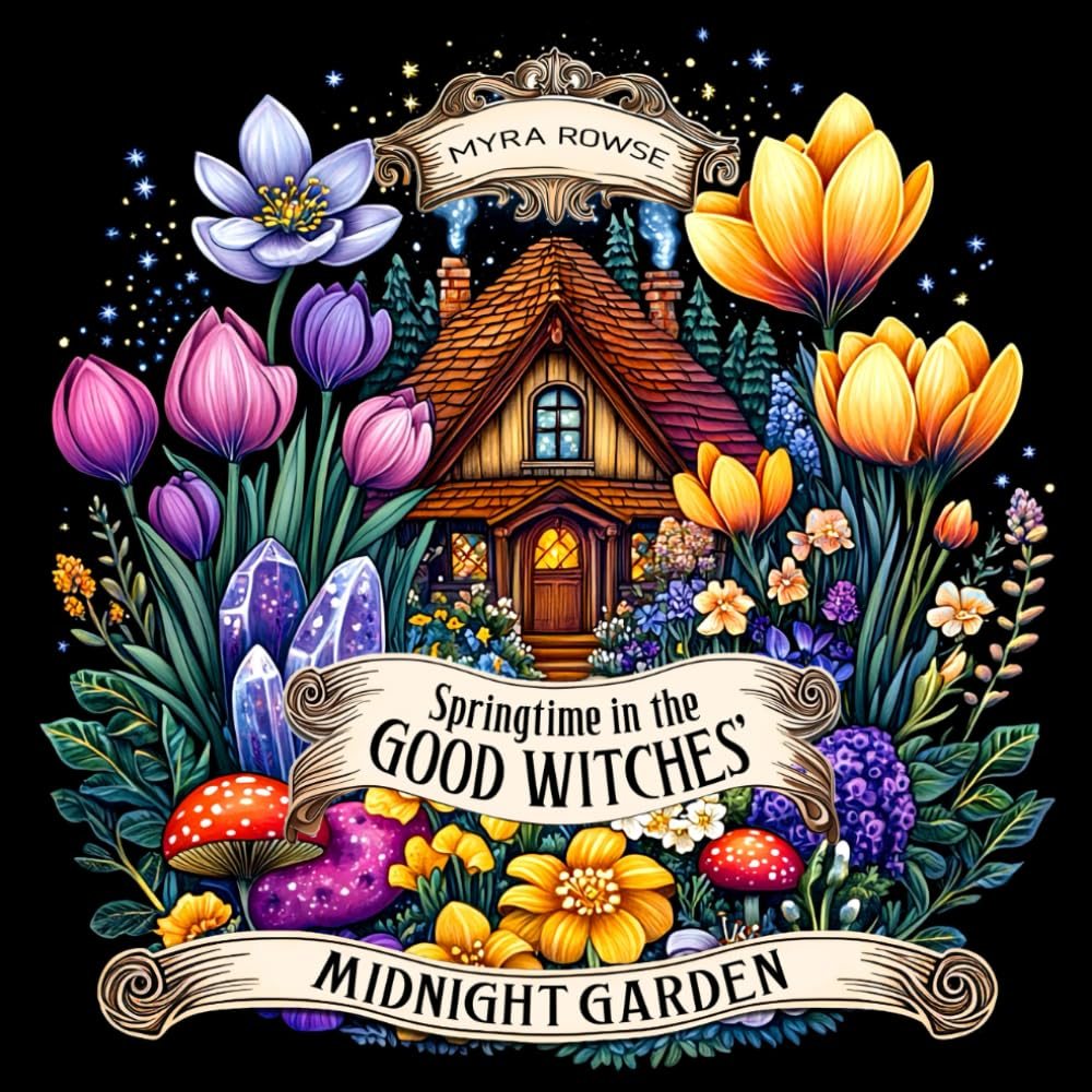 Springtime in the Good Witches' Midnight Garden: a Witchy Cottagecore Coloring Book for Adults with Blooming Flowers, Glowing Crystals, Whimsical Mushrooms, and Mystical Trinkets on Black Background image number 1