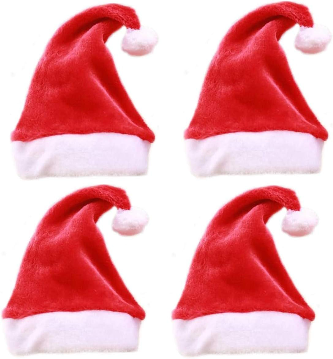 Qcfang Christmas Hats 4 Pack Fabric Santa Claus Hats Xmas Holiday Hats Traditional Red and White Plush Christmas Santa Hats Holiday Party Hats for Adults and Kids image number 6