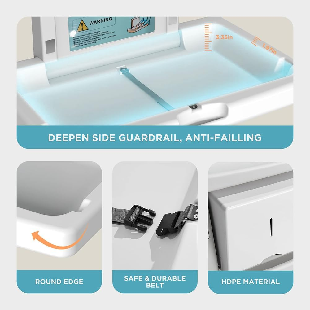 Baby Changing Station Wall Mounted Fold down Commercial Baby Care Table with Adjustable Safety Strap and Storage Box HDPE Meterial Bathroom Public Places image number 3