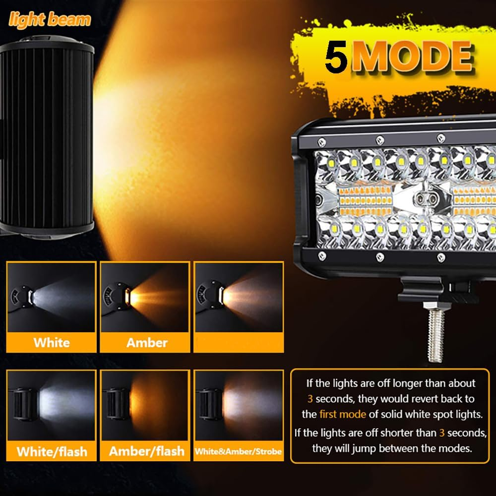 6.5 Inch 120W LED Light Bar 2PCS, off Road LED Driving Lights Spot Flood Combo Beam, Amber White Strobe, for Truck Car ATV SUV Cabin Boat, with Mounting Bracket Holder and 16AWG Wiring Harness 2 Kits image number 2