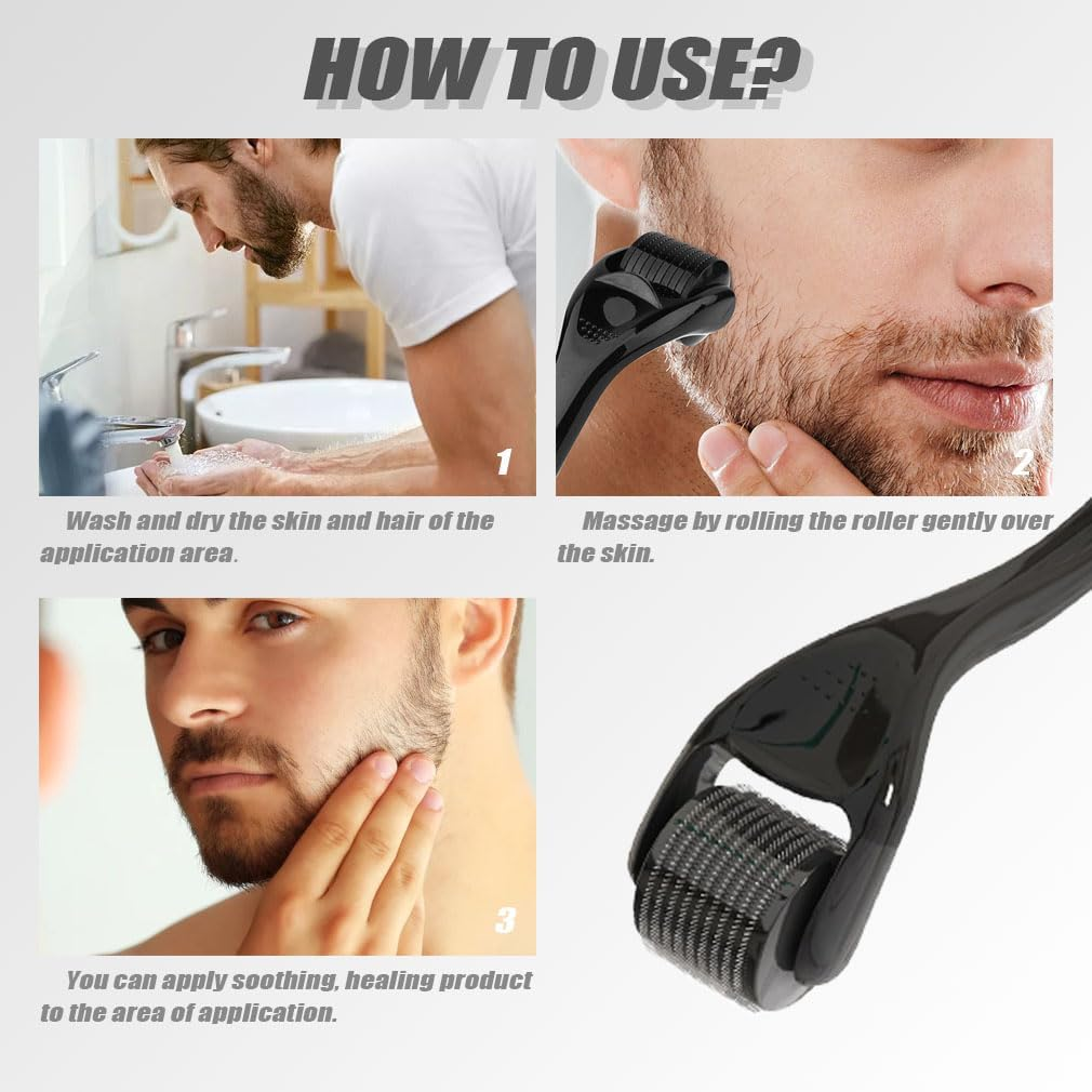Derma Roller Beard Growth Microneedles Roller Microneedling Roller for Stimulate Hair Growth, Thicker Beard, Facial Skin Care, Cosmetic Beauty for Men & Women (0.5Mm Black)