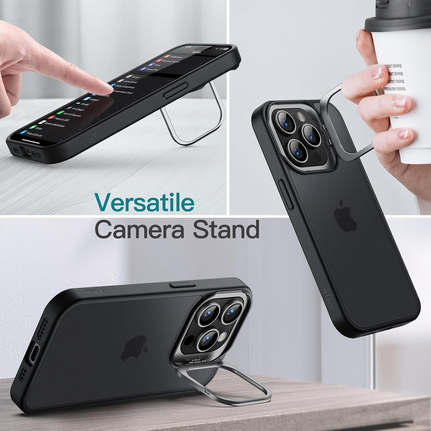 Jetech Kickstand Case for Iphone 15 Pro 6.1-Inch, Built-In Adjustable Camera Stand, Military Grade Drop Protection, Frosted Translucent Matte Back Shockproof Phone Cover (Black Titanium) - Black Titanium image number 2