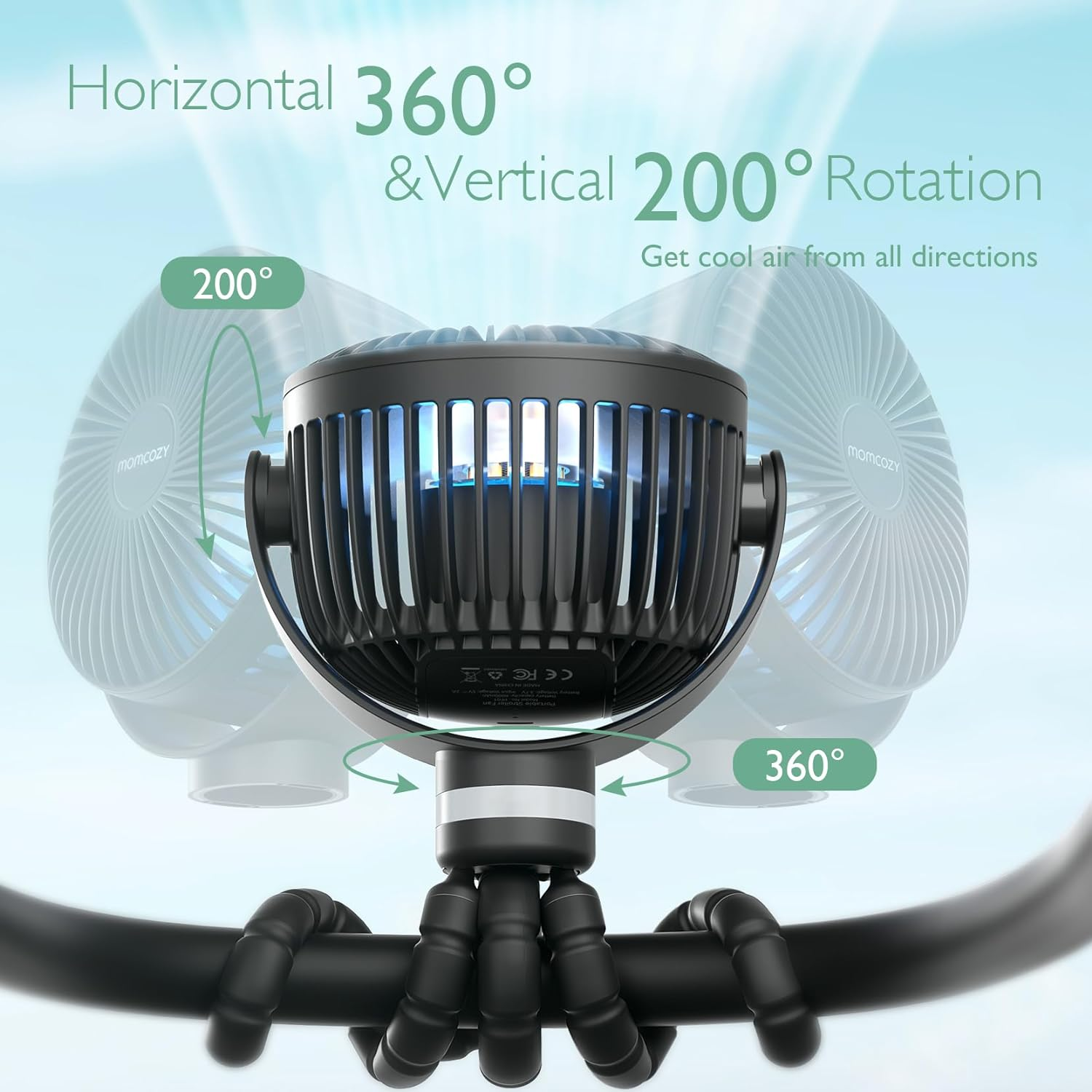 Momcozy Portable Stroller Fan, Detachable 4 Speed 360&deg; Rotate, LED Night Light with 2 Modes, Handheld Cooling Fan for Travel, Car Seat, Bedroom image number 4