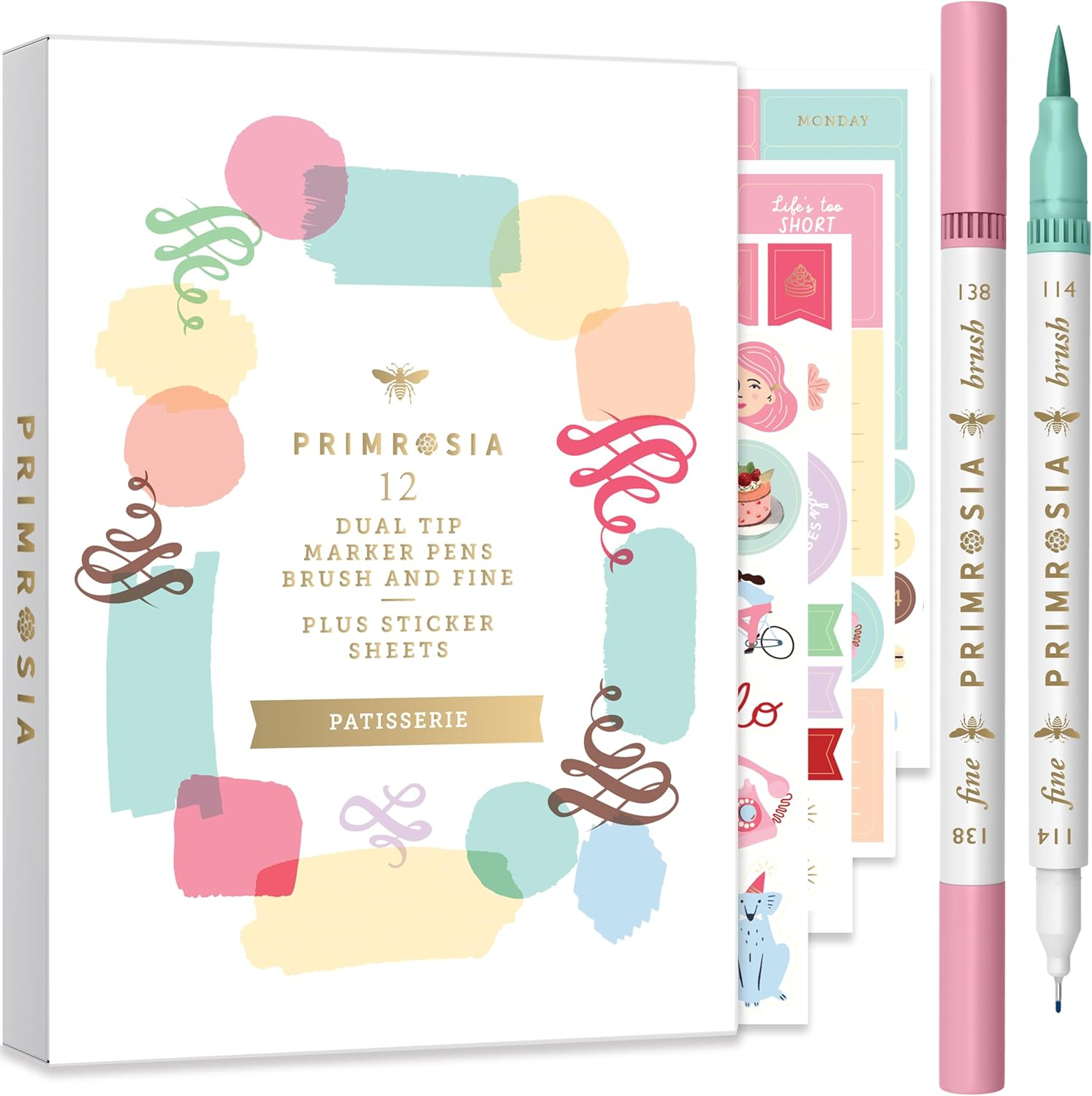 Primrosia 12 Dual Tip Watercolor Marker Pens - Fine Tip & Brush Tips, Professional Quality, 4 X Sticker Sheets, Blendable, Non-Toxic, Perfect for Calligraphy, Drawing & Coloring. (Patisserie) image number 4