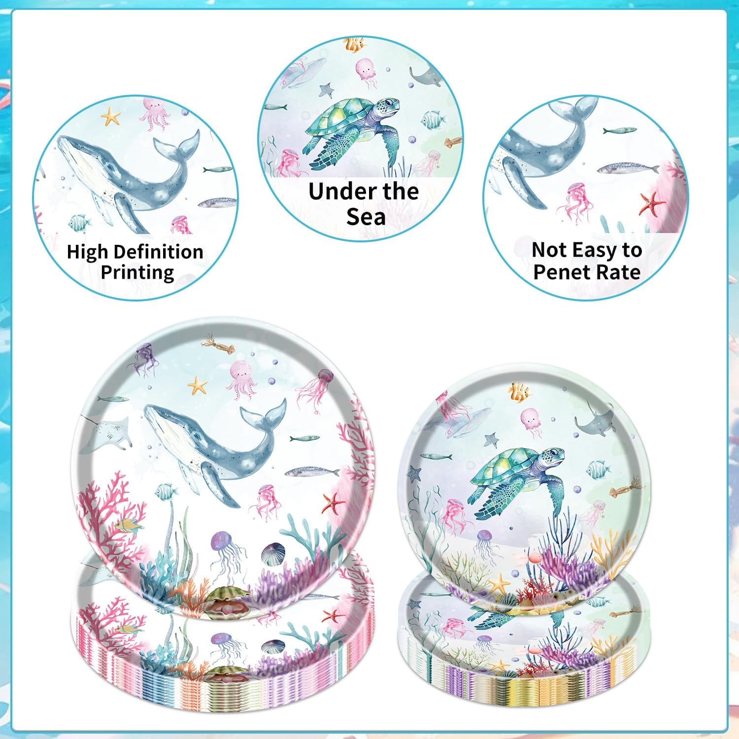 Under the Sea Party Decorations, 96PCS Ocean Themed Party Plates and Napkins Forks Decorations, Ocean Animals Disposable Underwater Whales Dolphins Baby Shower Supplies Serve 24 image number 6