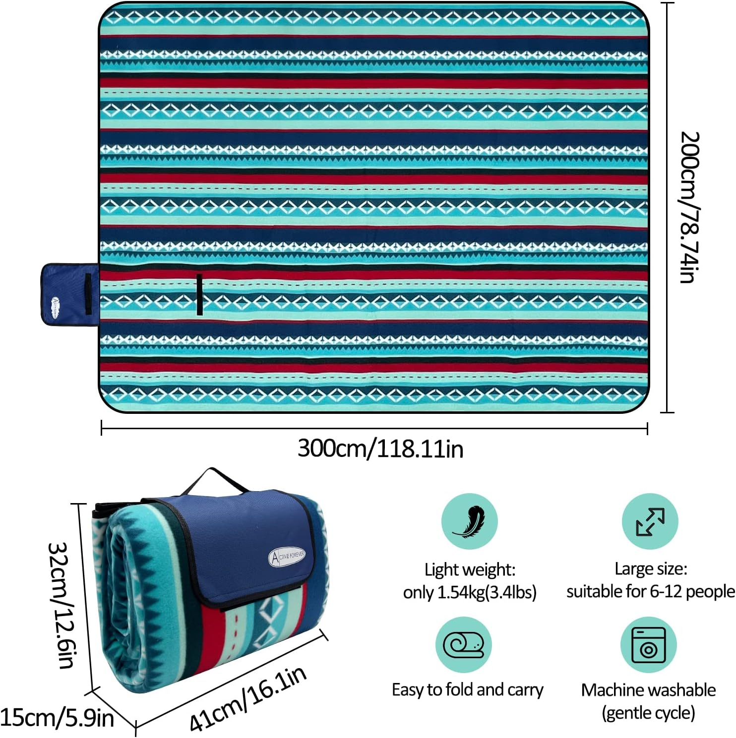 Picnic Blanket Portable, 300X200Cm Large Outdoor Rug with Waterproof Backing, Picnic Mat with Carrying Handle, Suitable for Camping, Travel, Park, Beach, Garden, Family Gathering image number 3