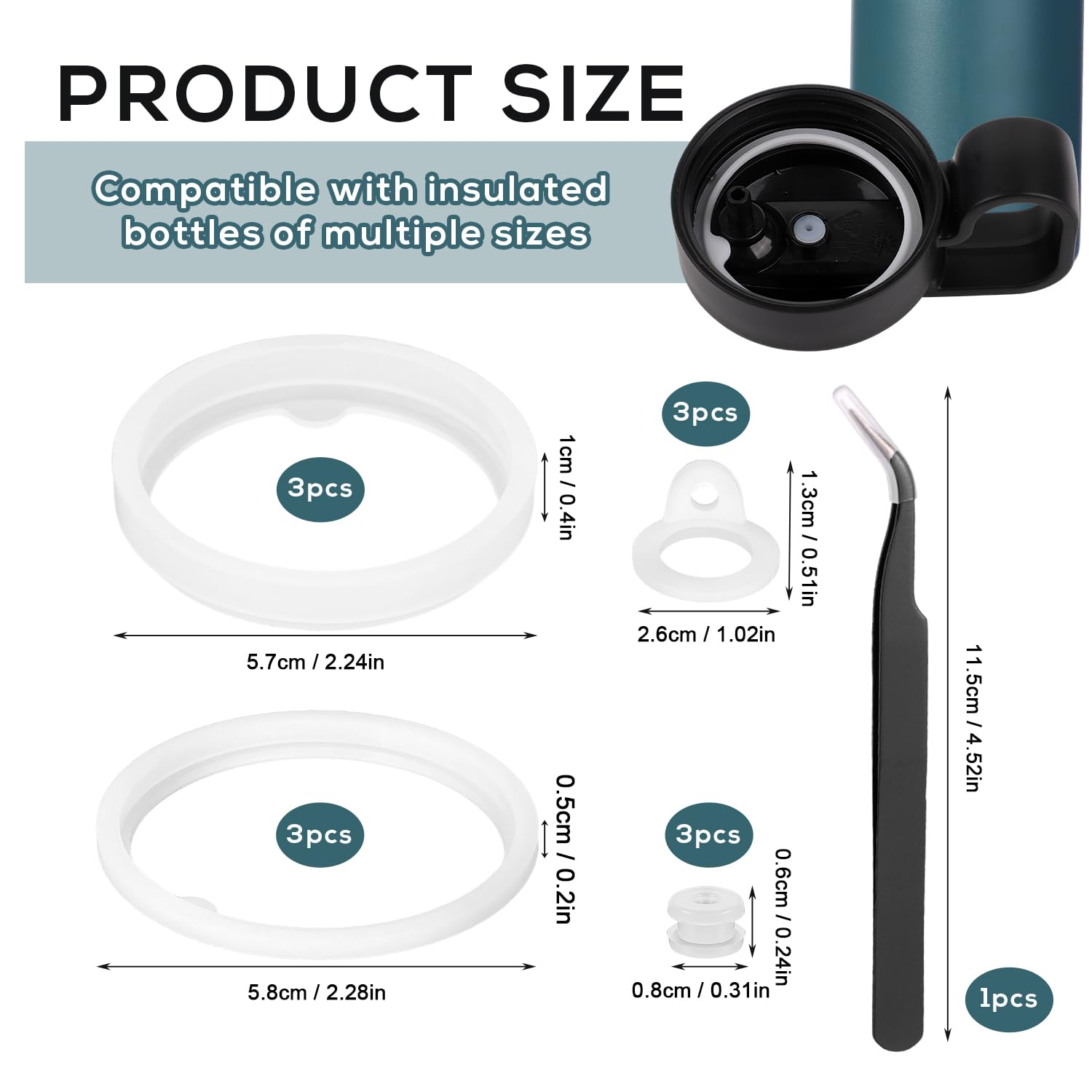 12Pcs Silicone Water Bottle Lid Replacement for Thermoflask 24/32/40/64 Oz, Seal Ring with Tweezers BPA Free Tumbler Lid Gasket Seal Washer O Ring Replacement Thermoflask Accessories Part image number 2
