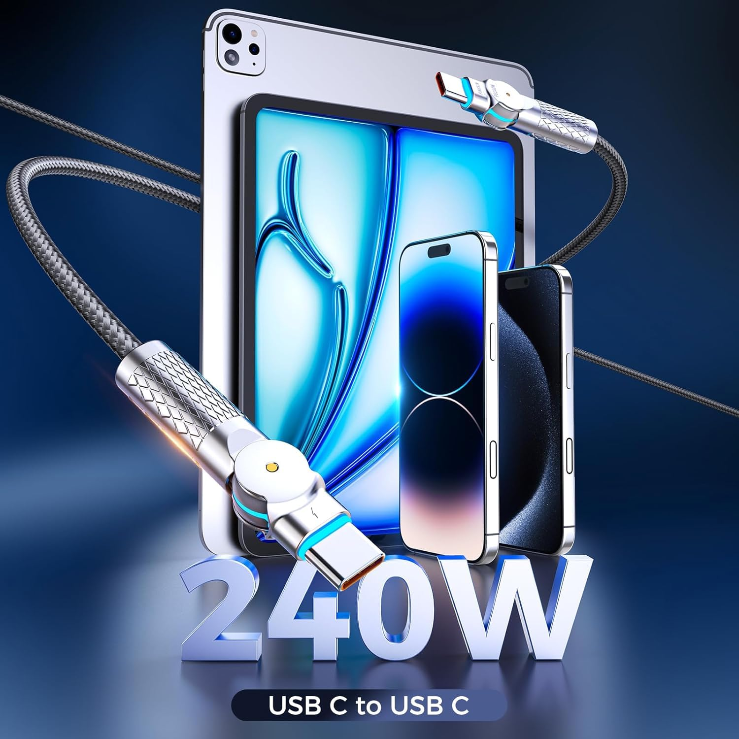 2Pack 240W USB-C to USB-C Cable 6.6Ft/2M, Braided Fast Charging & Data Sync Cable with 180&deg; Rotatable Heads & LED Indicator, Compatible with Iphone 16 Series, Galaxy S24/S23, Pad Pro, Mac Book, Pixel image number 4