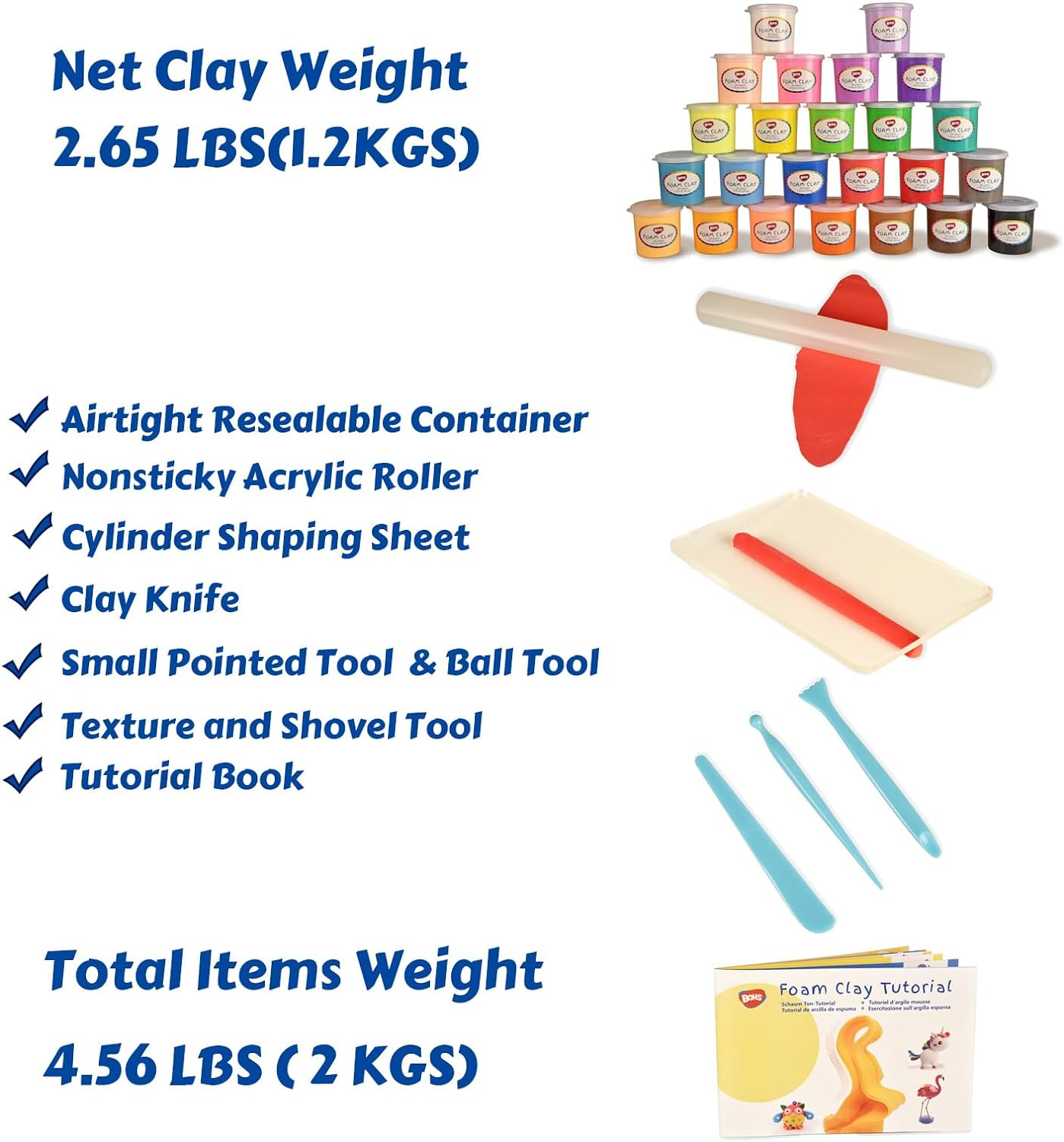 BOHS Modeling Foam Clay Tools Kit - Air Dry,Squishy - for Craft Project Supplies, Party Favors,Slime Making - 24 Colors,1.76 OZ (50 Grams) per Color - with Tools, Roller, and Cylinder Shaping Sheet image number 6