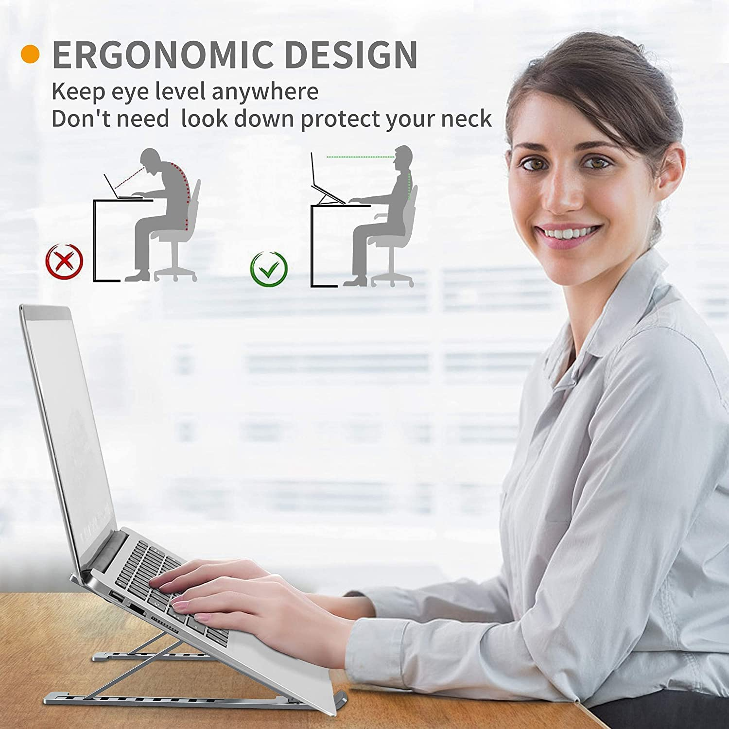 Ixtra Laptop Stand for Desk,Foldable Portable Anti-Slip Aluminum Laptop Holder with 7 Levels Height Adjustment Laptop Riser Compatible with Macbook,Ipad,Dell,10-16&rdquo; Laptops(Grey) image number 4