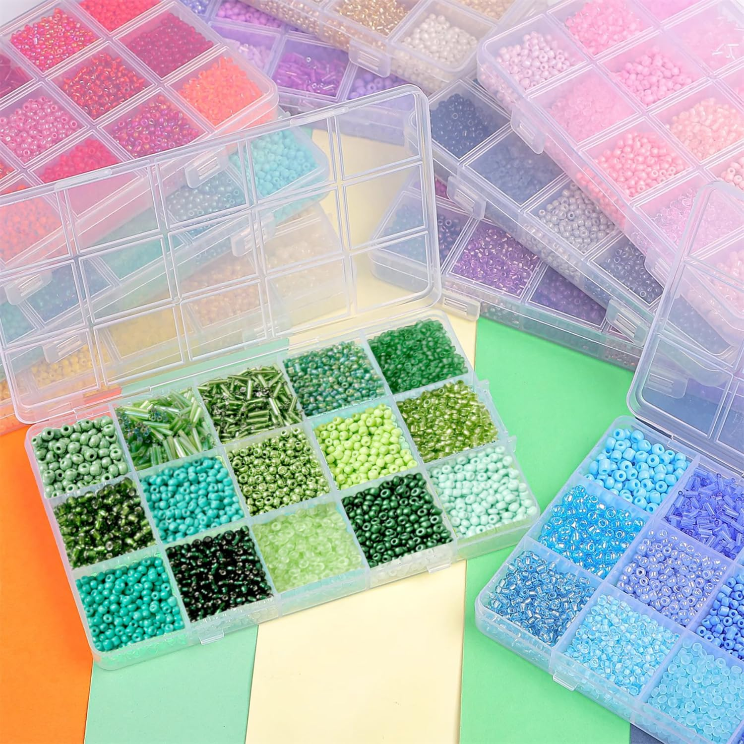 Mix 15 Color Glass Seed Beads .Glass Bugle,Beads Loose Kit for Jewelry Making,Diy Craft Beading, (Green) - Black image number 2