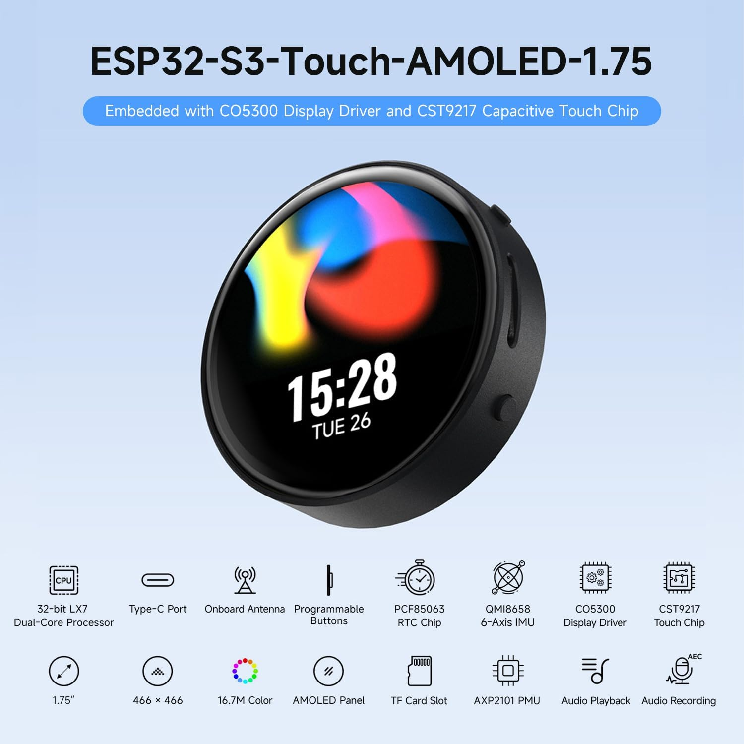 Waveshare ESP32-S3 1.75Inch AMOLED round Touch Display Development Board, 32-Bit LX7 Dual-Core, 466&times;466, QSPI, Dual Digital Microphones Array, ESP32 with Display, with Case image number 5