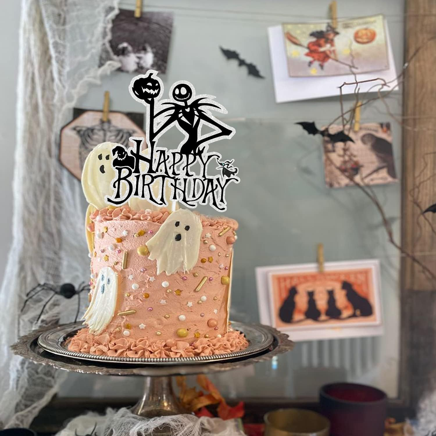 Happy Birthday Cake Topper for Jack and Sally - Glitter Happy Halloween Theme Anniversary Birthday Party Decoration Supplies image number 1