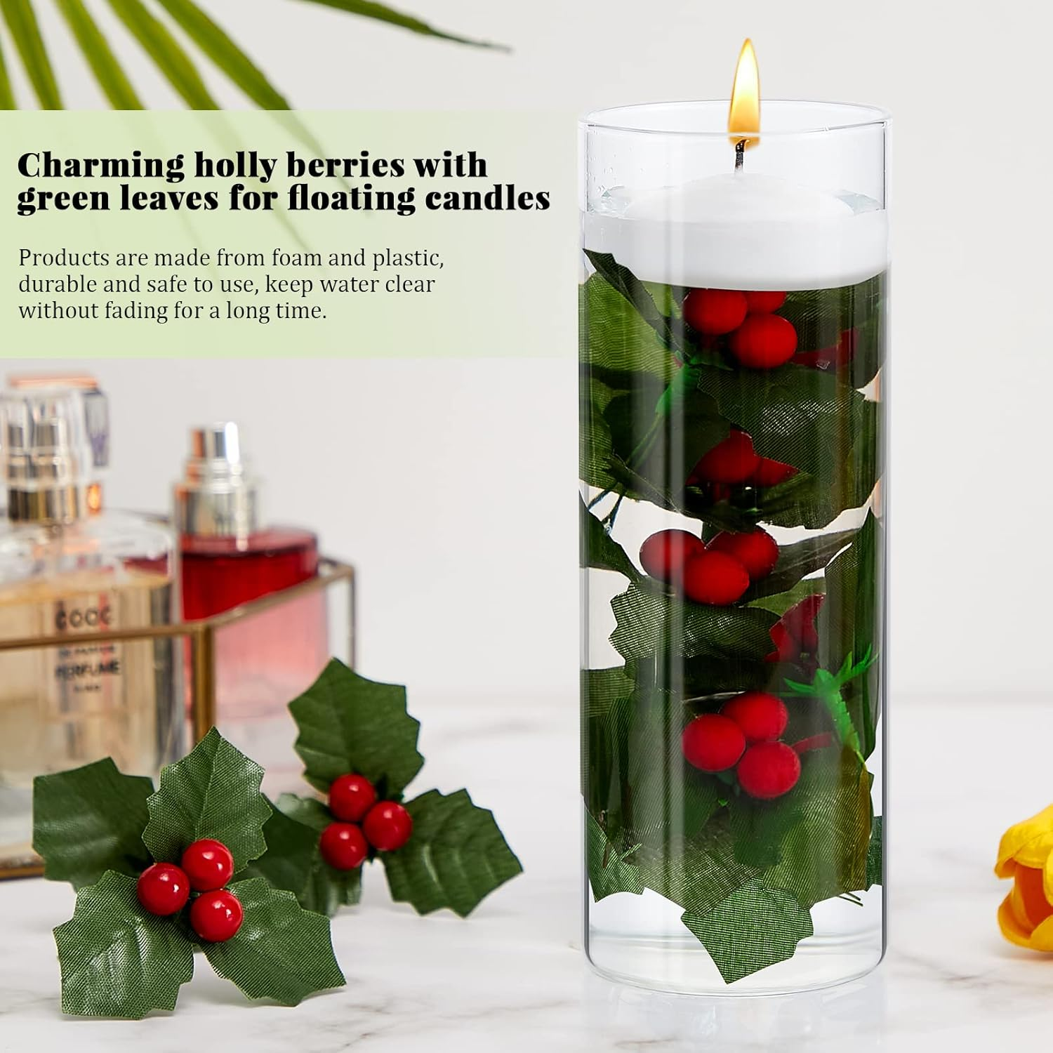 50 Pieces Christmas Holly Berries for Crafts Faux Berries Flowers and Holly Leaves Christmas Wreath Fillers for Vase Fillers Floating Candle Table Centerpiece(Red) - Mixed Color image number 4