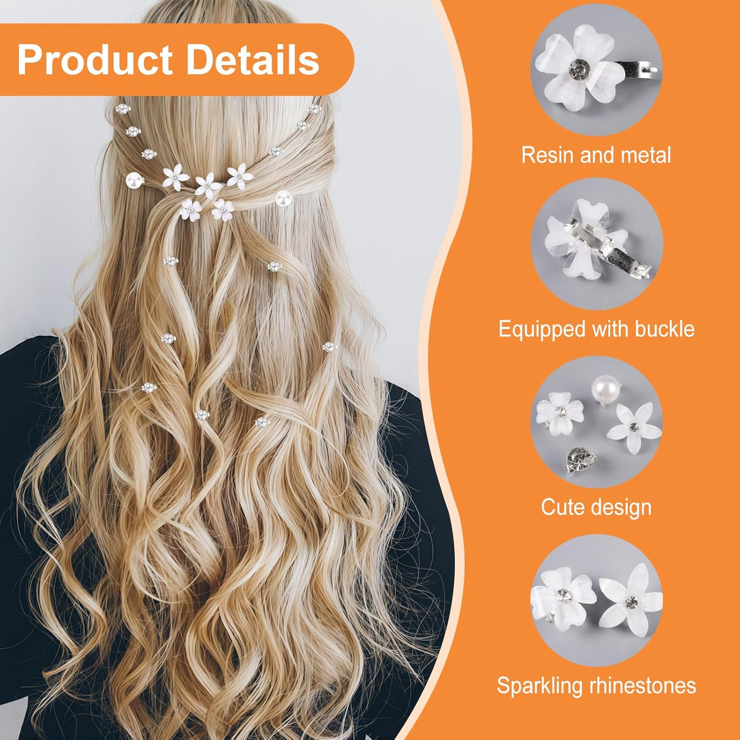 Pack of 20 Mini Flower Hair Clips with Rhinestones, Mini Hair Accessories Wedding, Flowers Hair Clip Small, Bridal Hair Clips Flowers, Small Mini Hair Clips Flowers White for Girls and Women image number 4