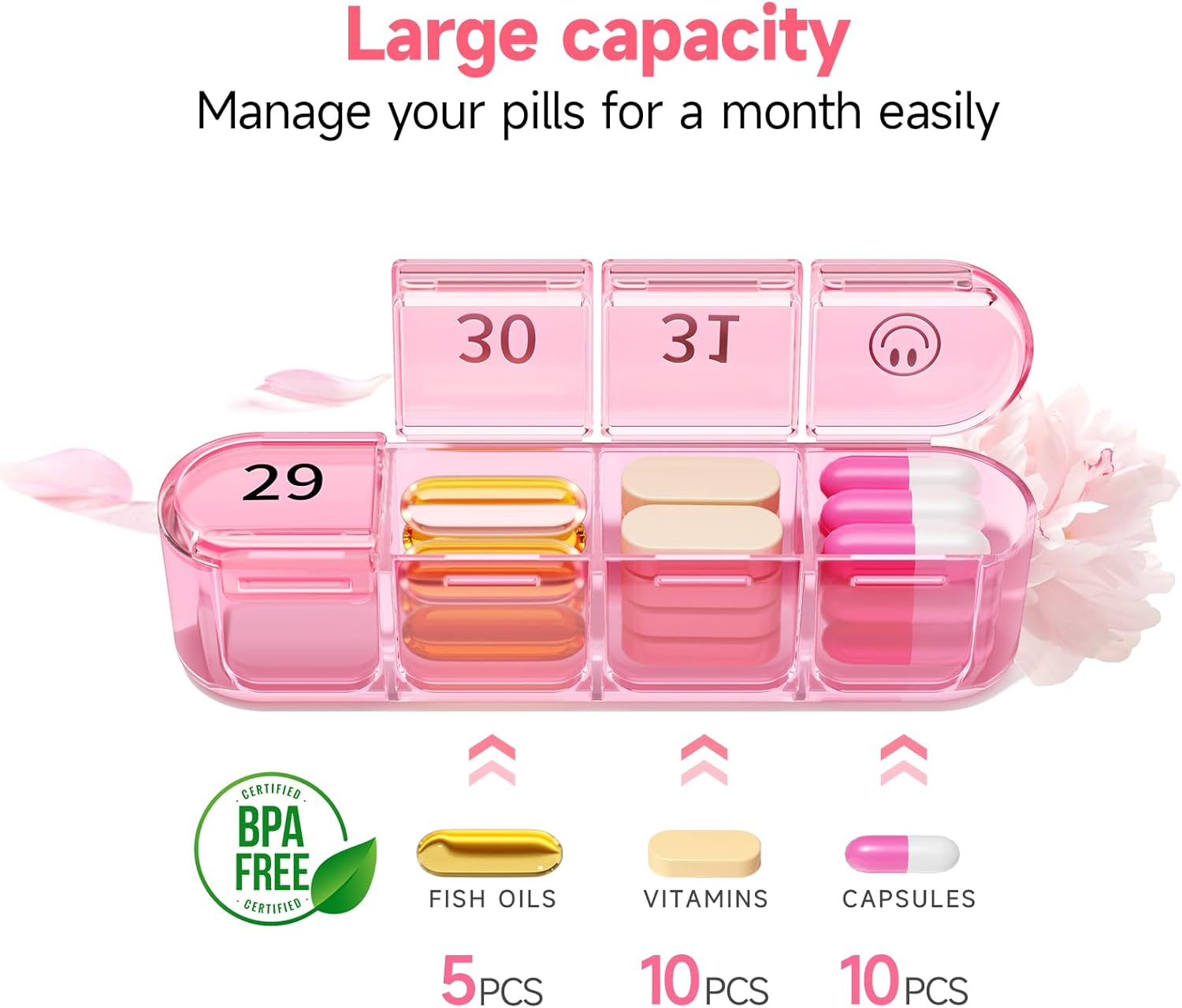 Zoksi Monthly Pill Organizer 1 Time a Day, 30 Day Pill Box Organizer Once a Day, One Month Large Pill Case for Travel, 31 Day Daily Medcine Container for Vitamins, Supplement & Medication (Pink) - Olive image number 4